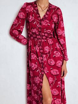 Boden Natalia Floral Long Sleeve Tea Dress, Red - view 2, Red