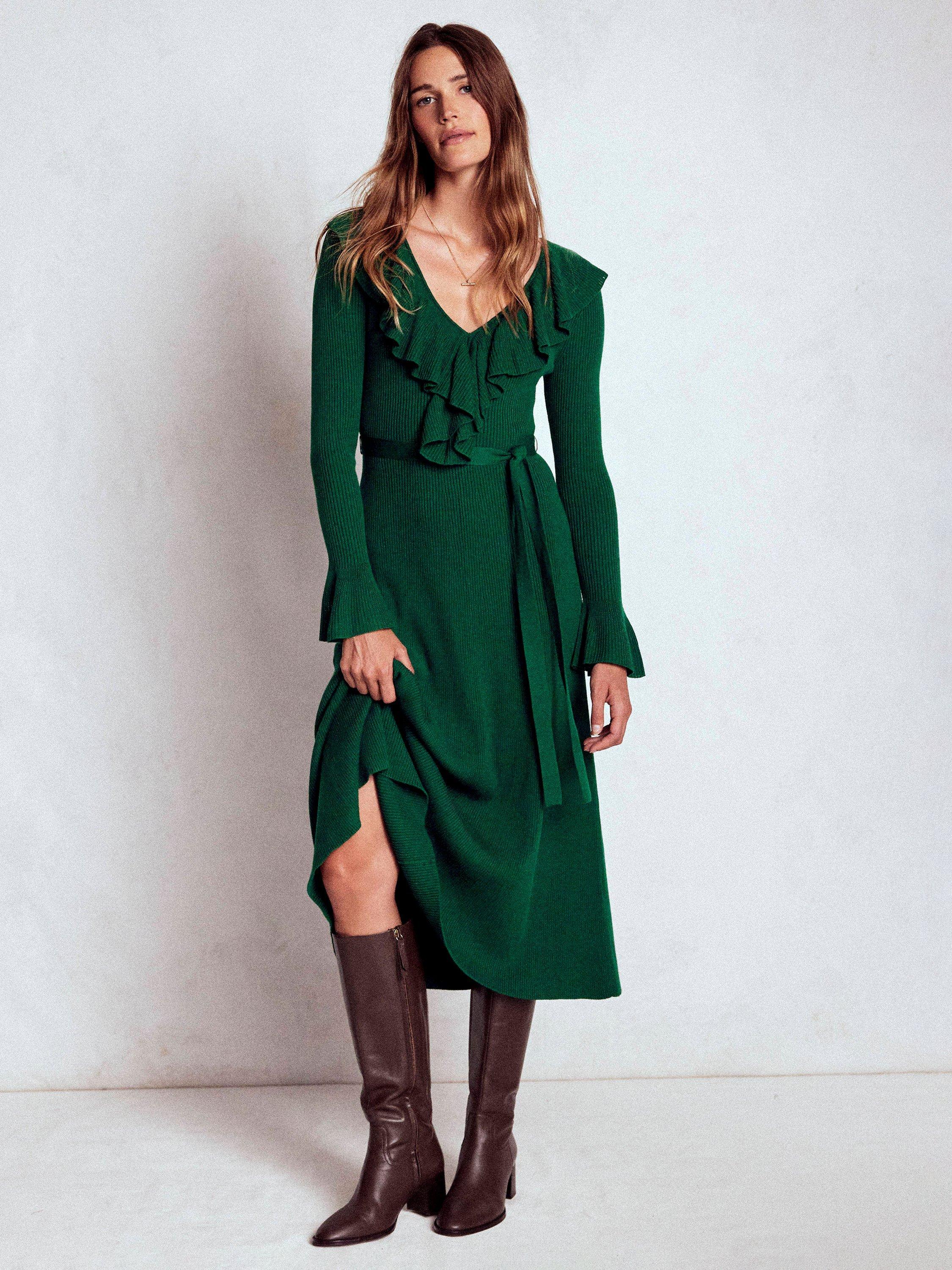 Product image 1 of 7, which shows Boden Ruffled Rib Henley Dress, Emerald Night, 8