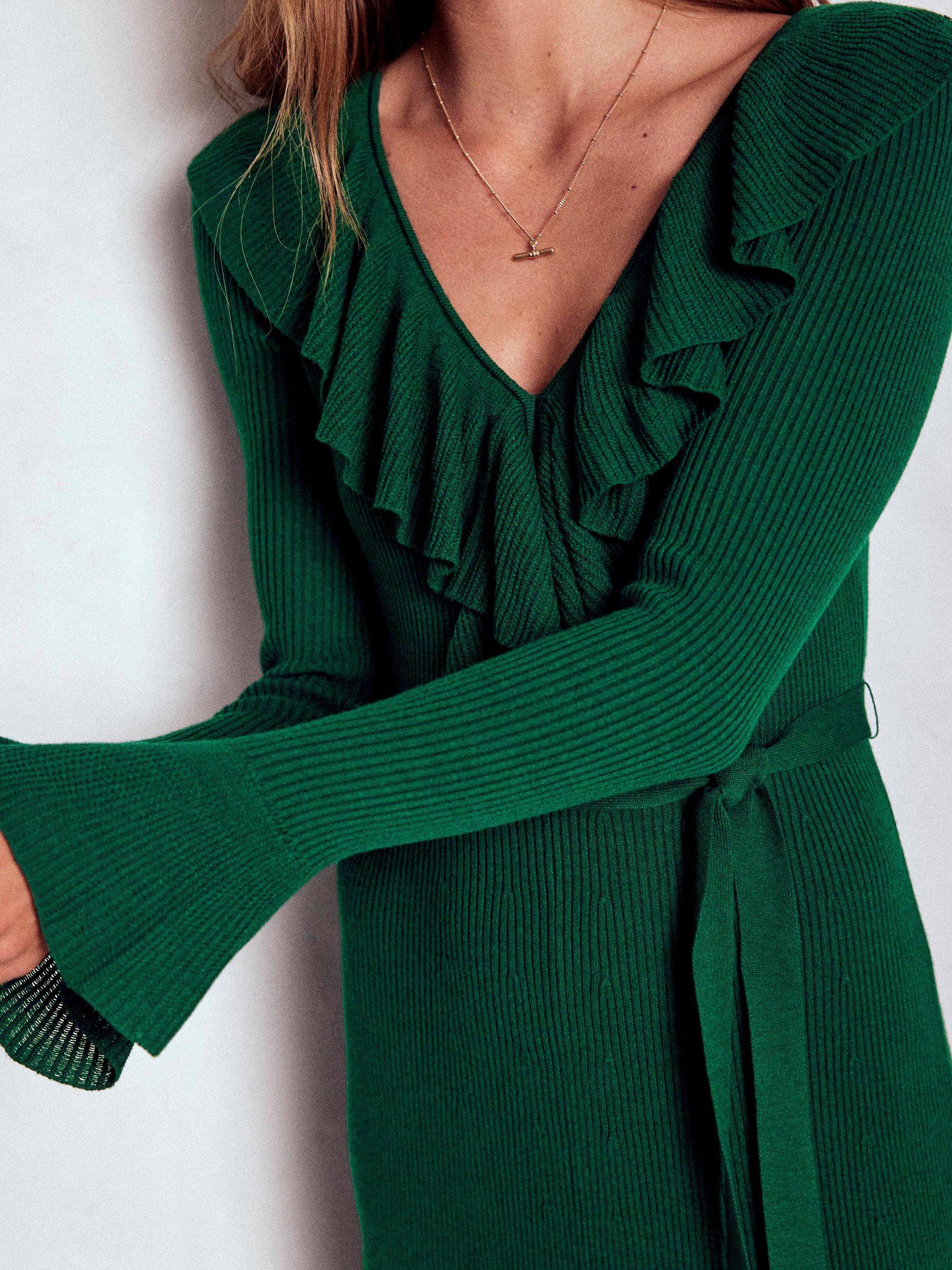Product image 2 of 7, which shows Boden Ruffled Rib Henley Dress, Emerald Night, 8