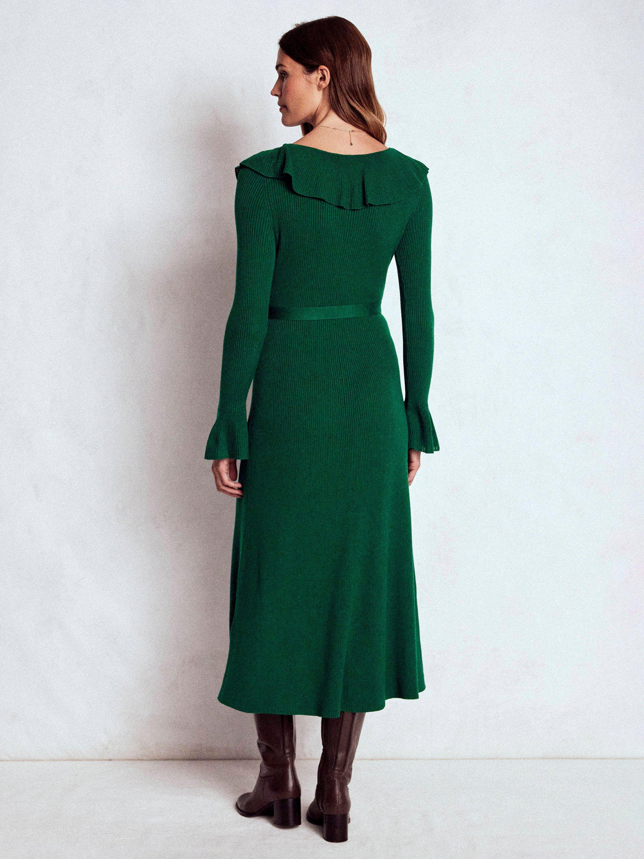 Product image 3 of 7, which shows Boden Ruffled Rib Henley Dress, Emerald Night, 8