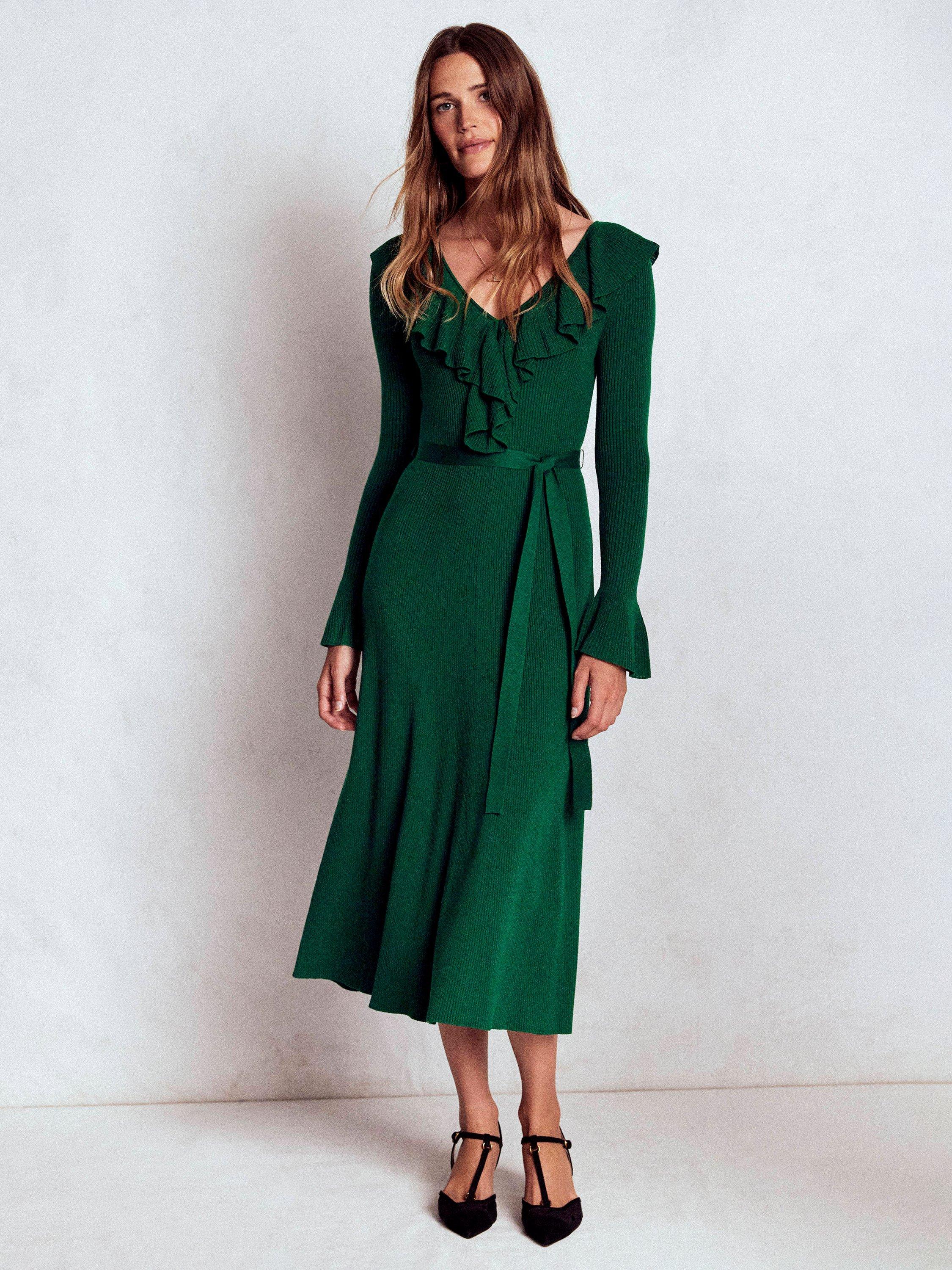 Product image 5 of 7, which shows Boden Ruffled Rib Henley Dress, Emerald Night, 8