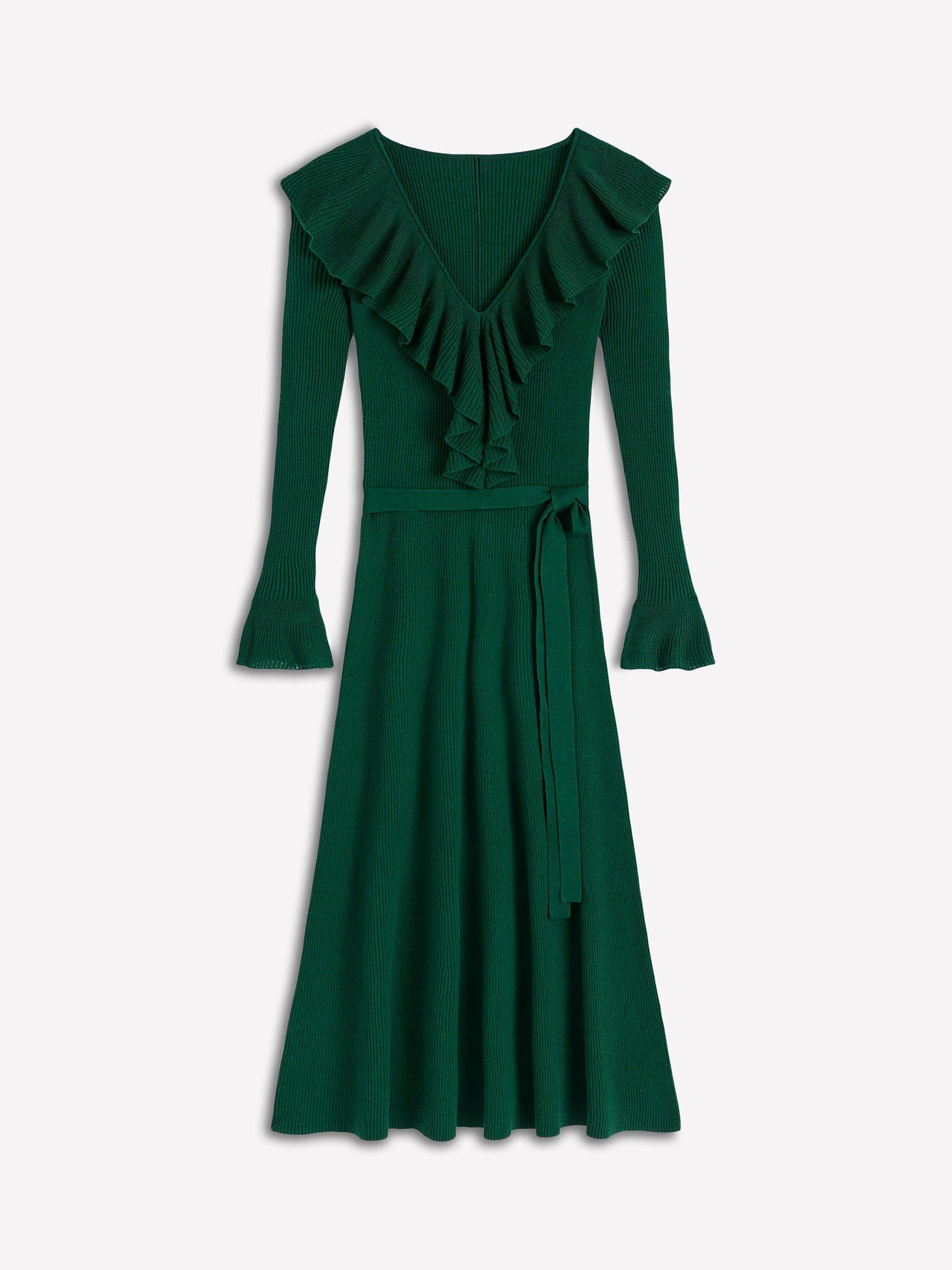 Product image 6 of 7, which shows Boden Ruffled Rib Henley Dress, Emerald Night, 8