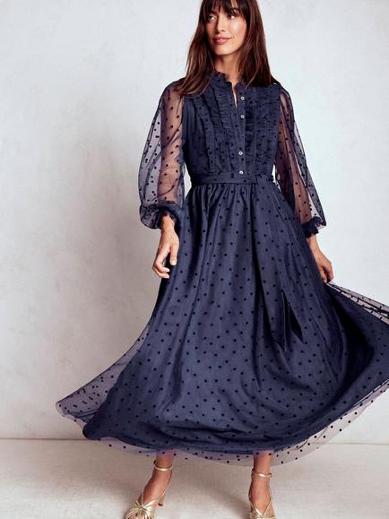 Boden Tulle Ruffle Maxi Dress, Navy, Navy