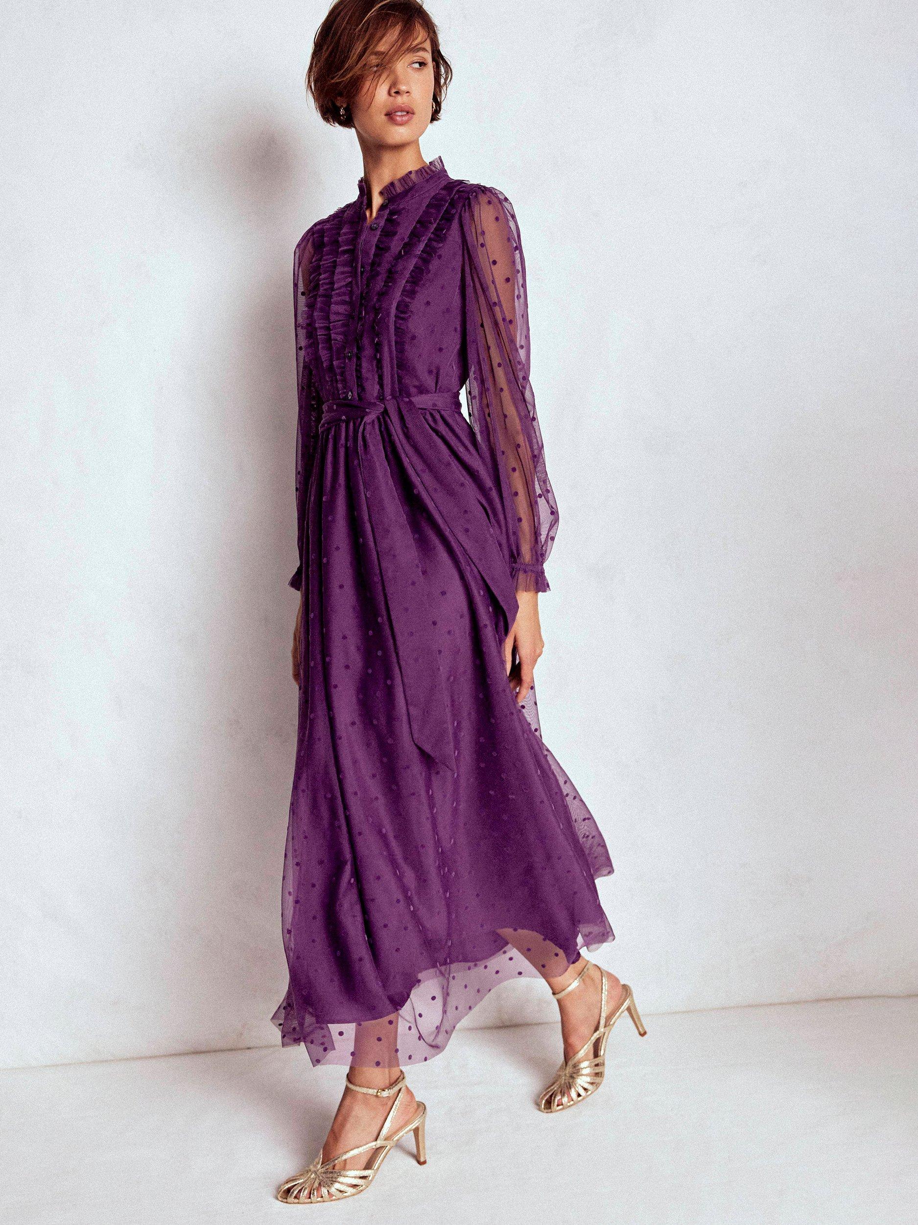 Product image 1 of 5, which shows Boden Tulle Ruffle Maxi Dress, Viola Purple, 8