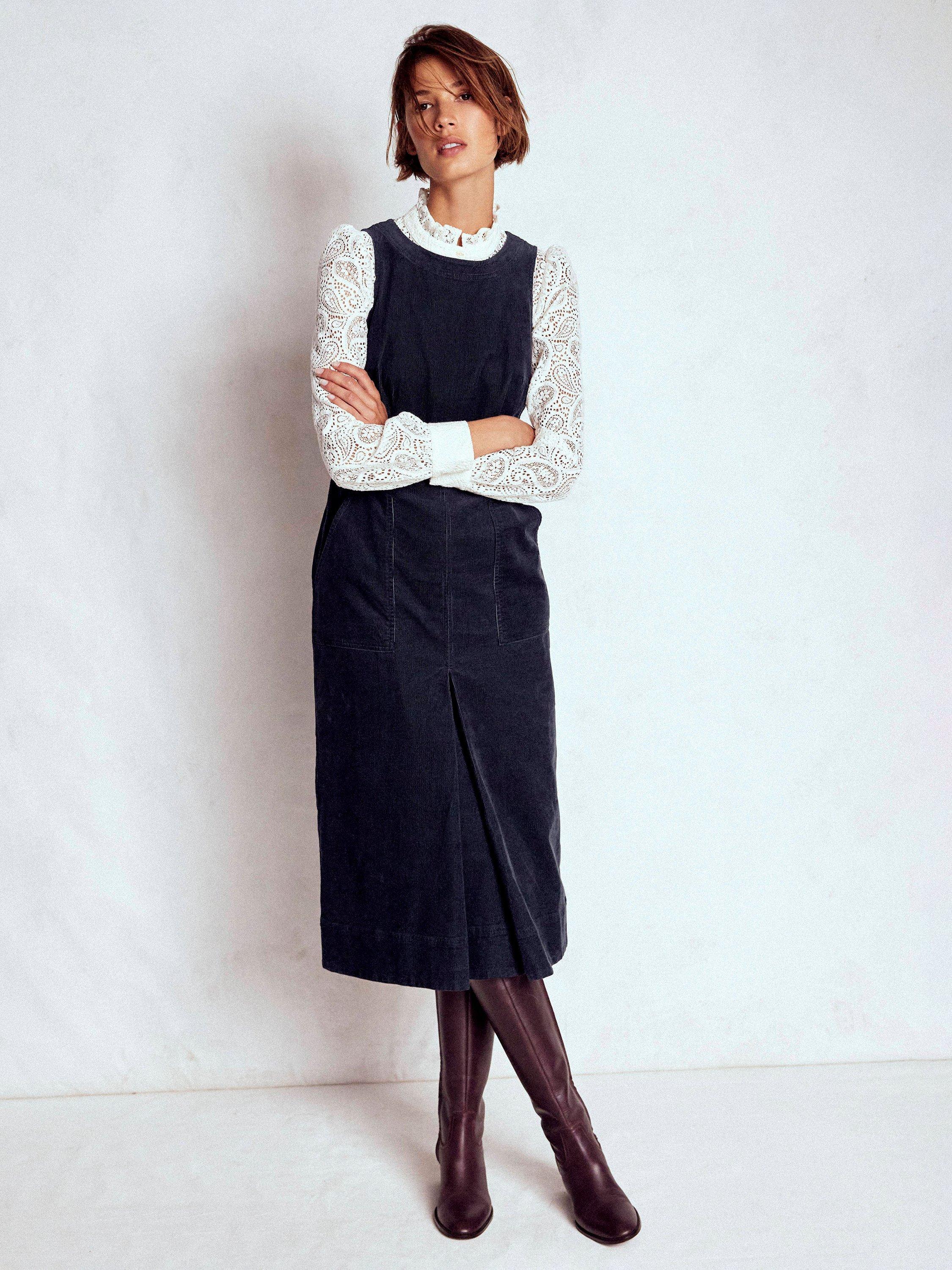 Product image 1 of 5, which shows Boden Ula Box Pleat Corduroy Midi Dress, Midnight Blue, 16
