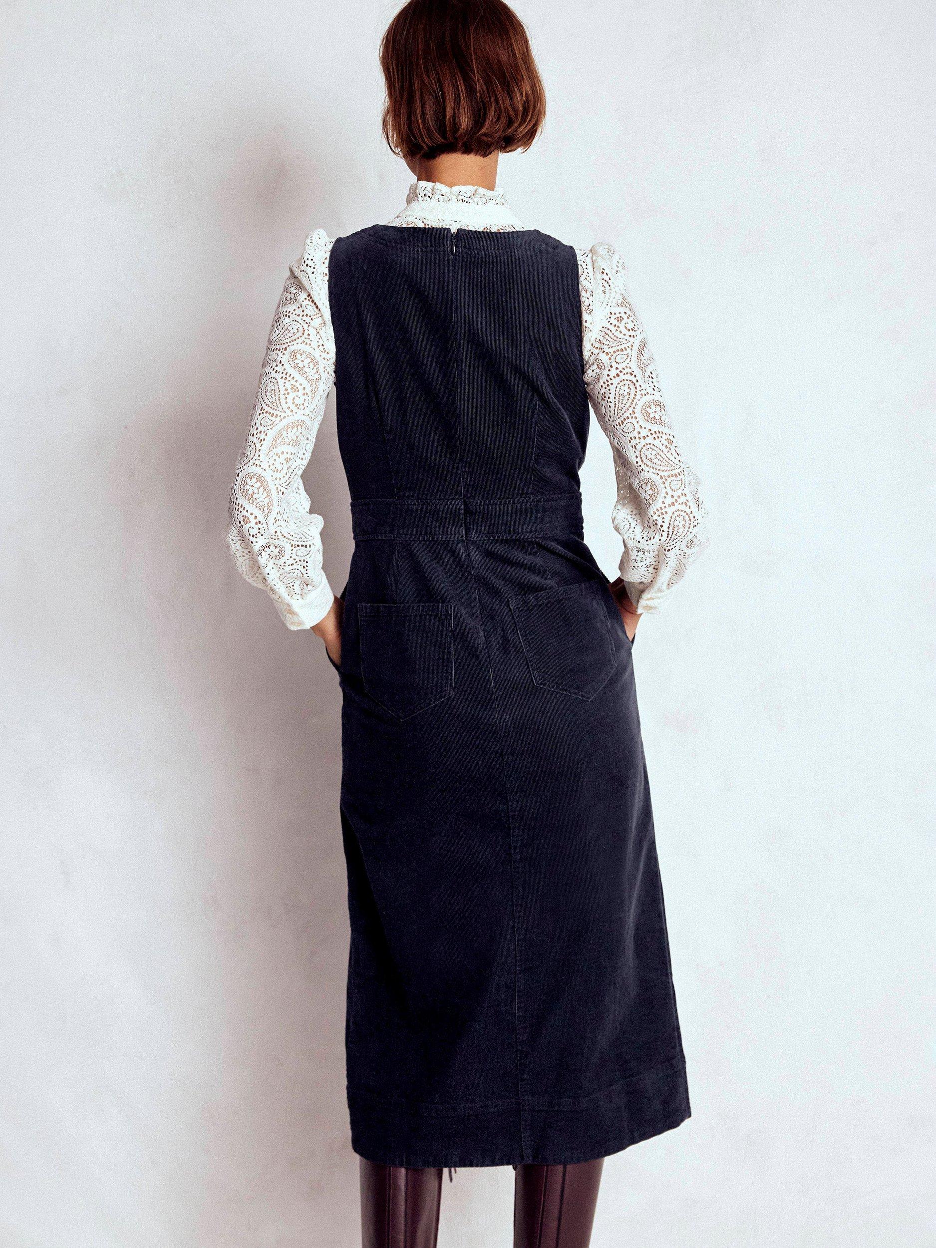 Product image 3 of 5, which shows Boden Ula Box Pleat Corduroy Midi Dress, Midnight Blue, 16