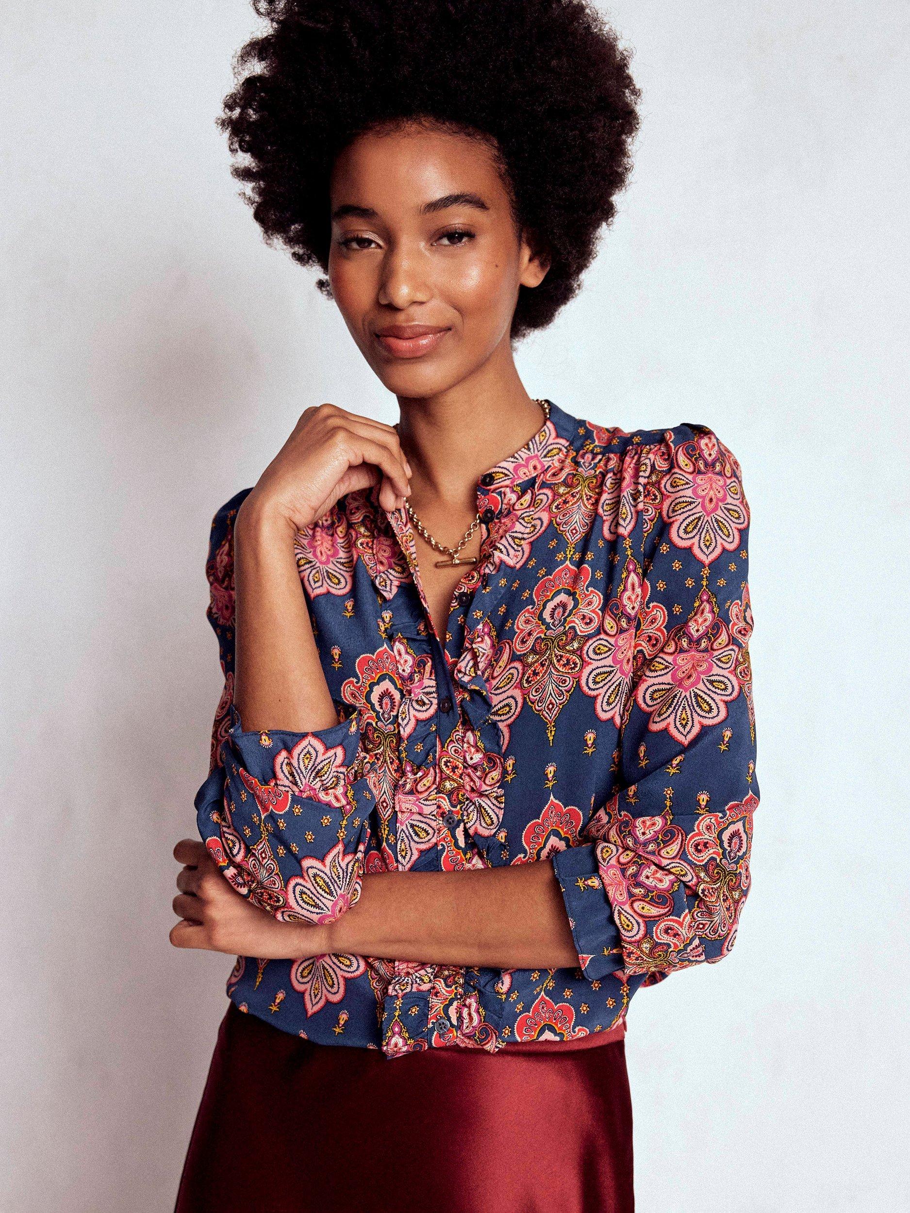 Product image 1 of 5, which shows Boden Alice Paisley Frill Front Top, Navy/Multi, 10