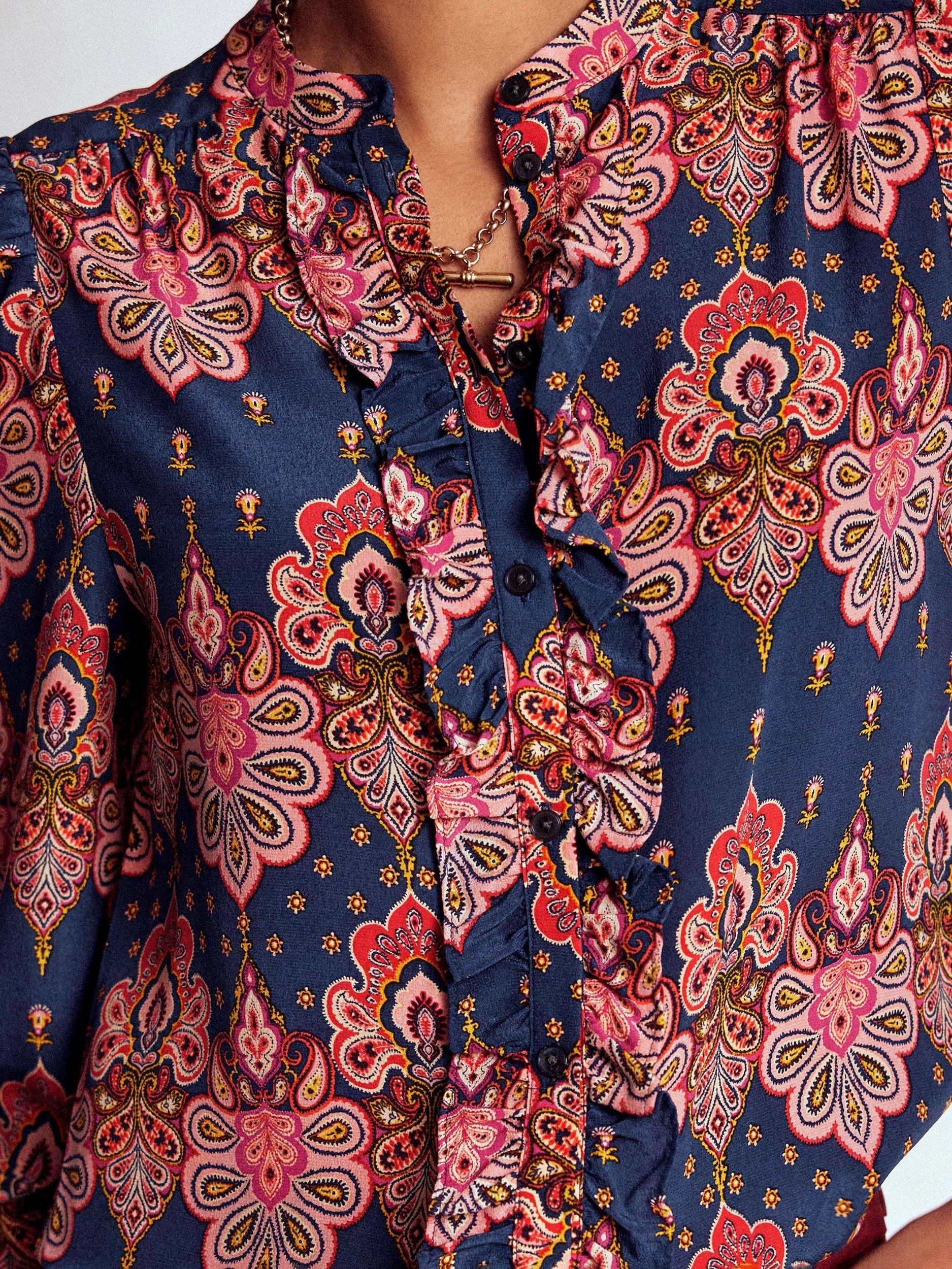 Product image 2 of 5, which shows Boden Alice Paisley Frill Front Top, Navy/Multi, 10