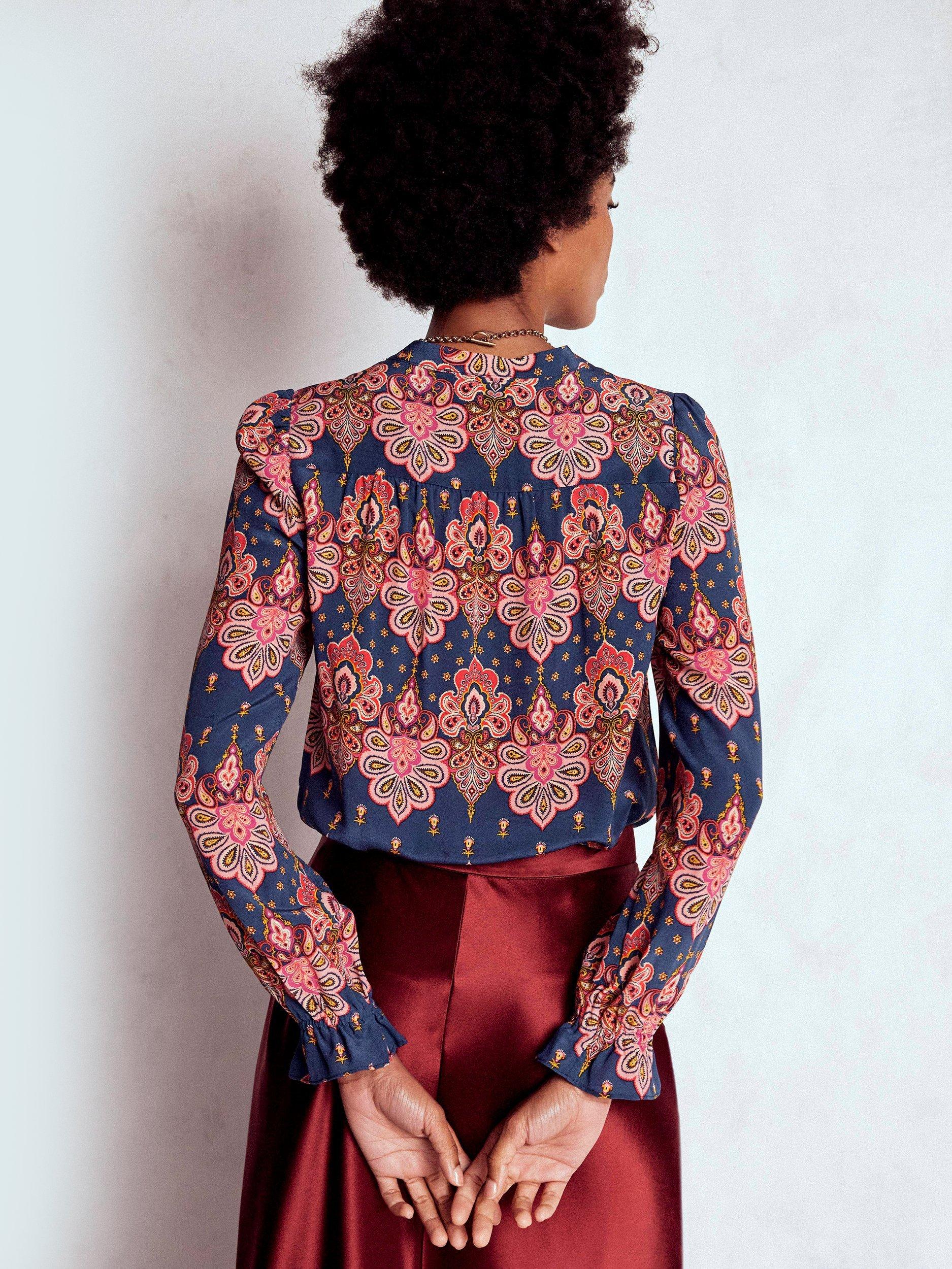 Product image 3 of 5, which shows Boden Alice Paisley Frill Front Top, Navy/Multi, 10