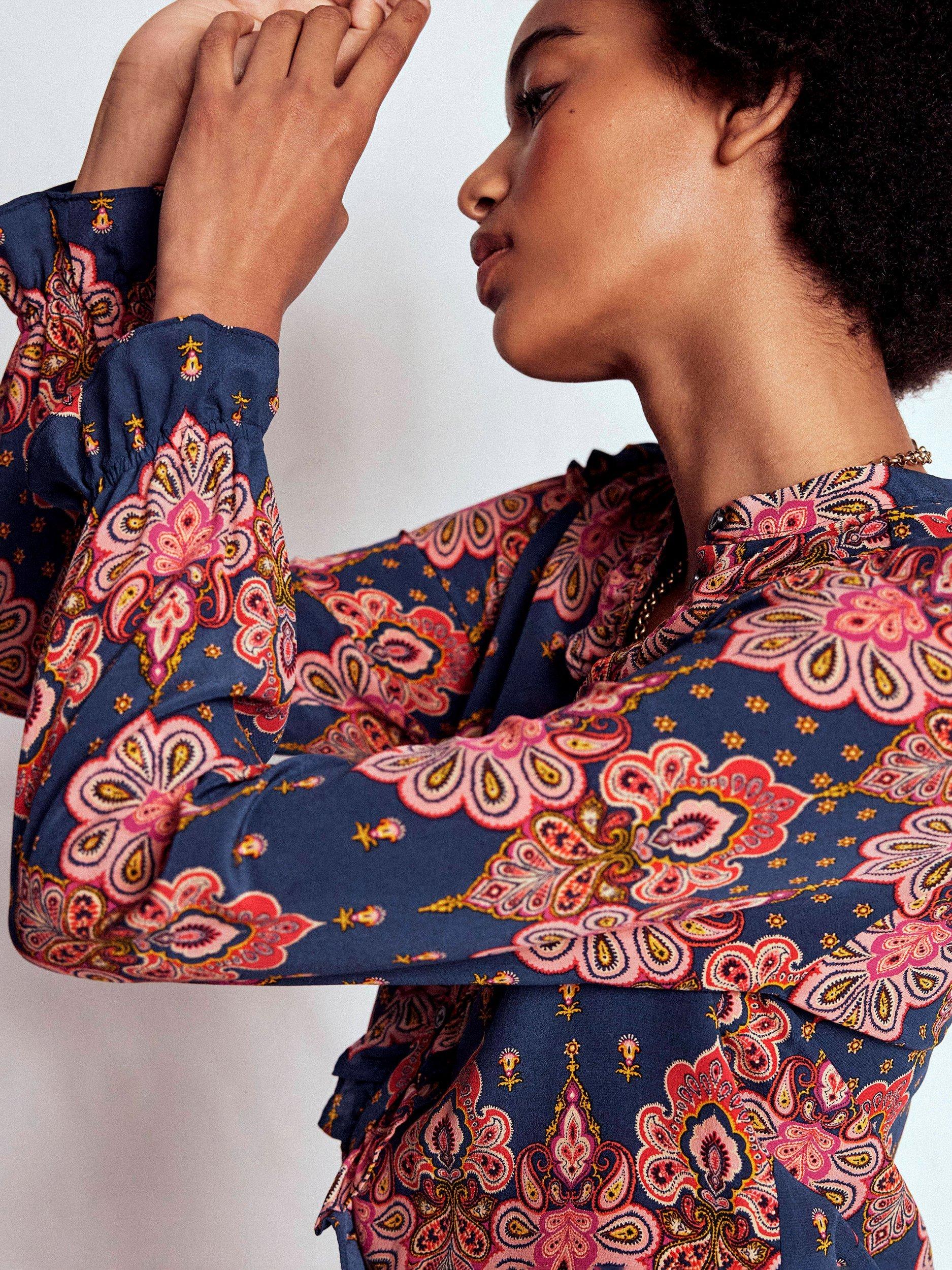 Product image 4 of 5, which shows Boden Alice Paisley Frill Front Top, Navy/Multi, 10