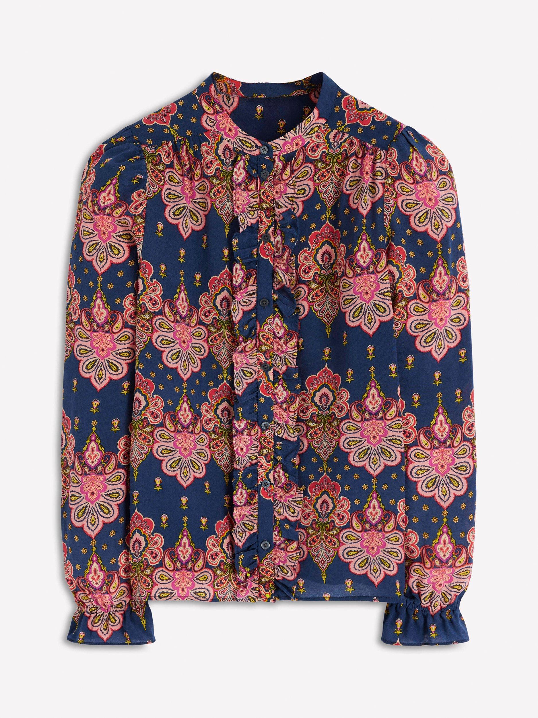 Product image 5 of 5, which shows Boden Alice Paisley Frill Front Top, Navy/Multi, 10
