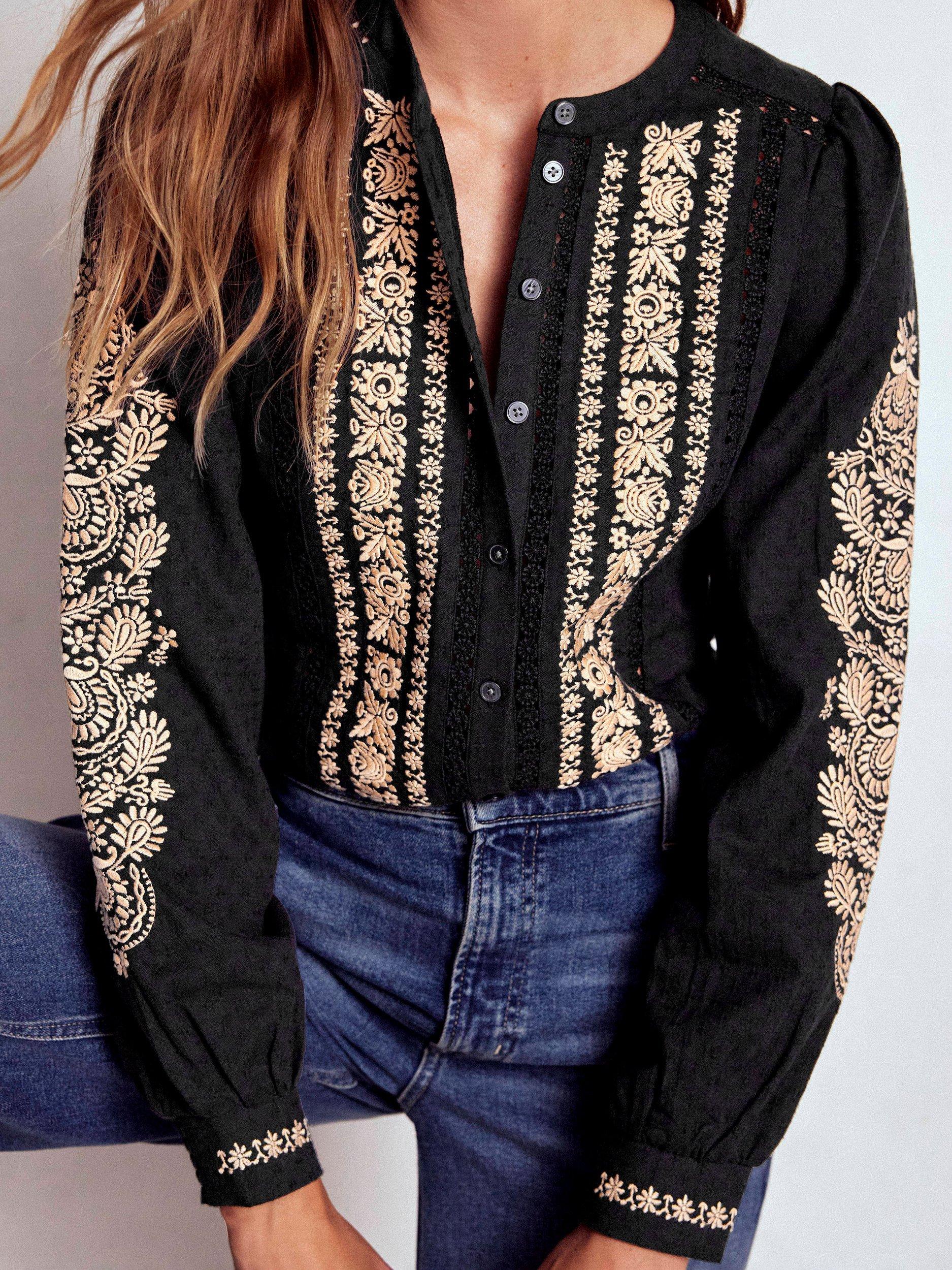 Product image 2 of 5, which shows Boden Floral Embroidered Shirt, Black, 8