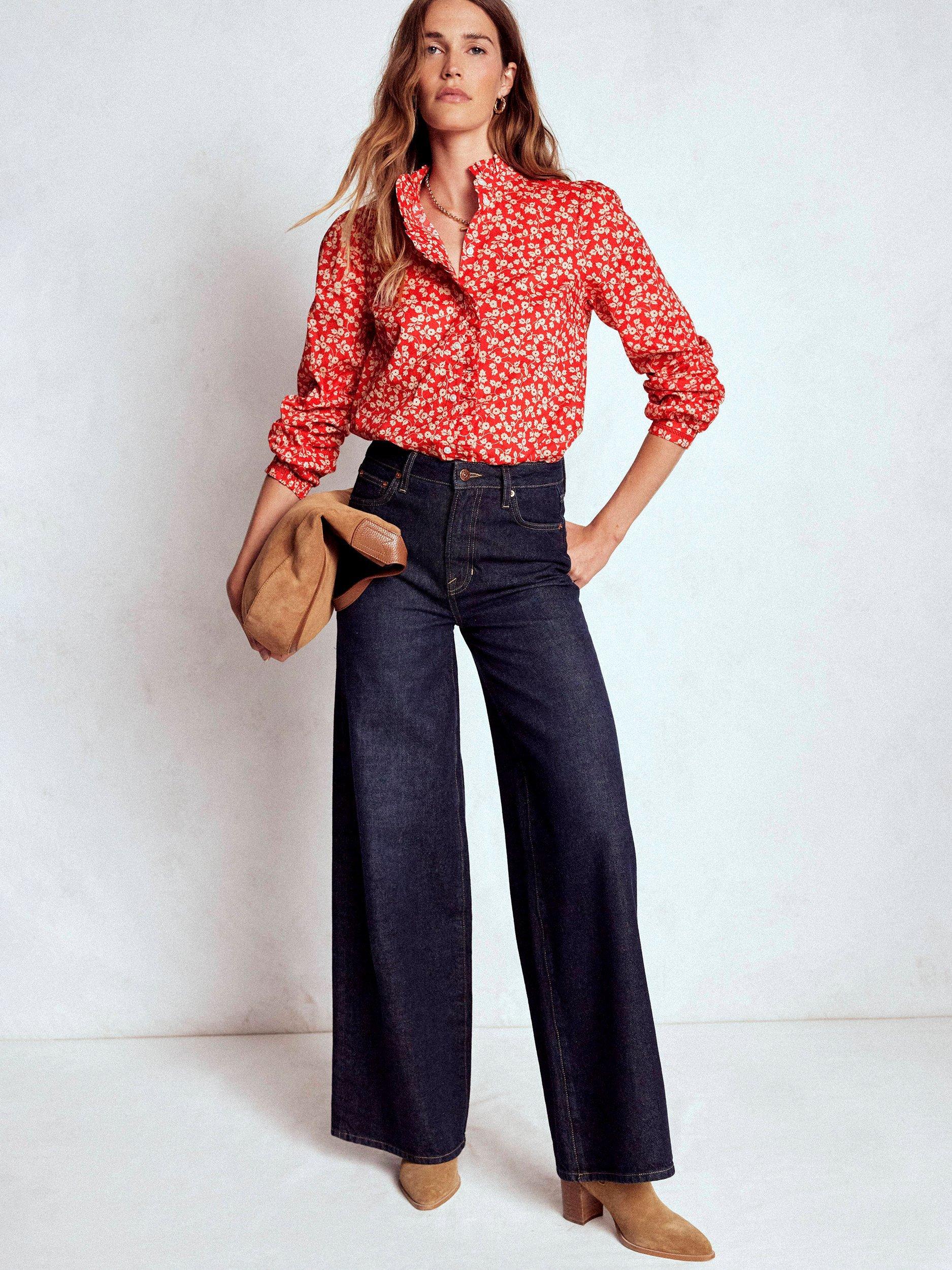 Product image 4 of 5, which shows Boden Helena Floral Ruffle Neck Top, Red/White, 10