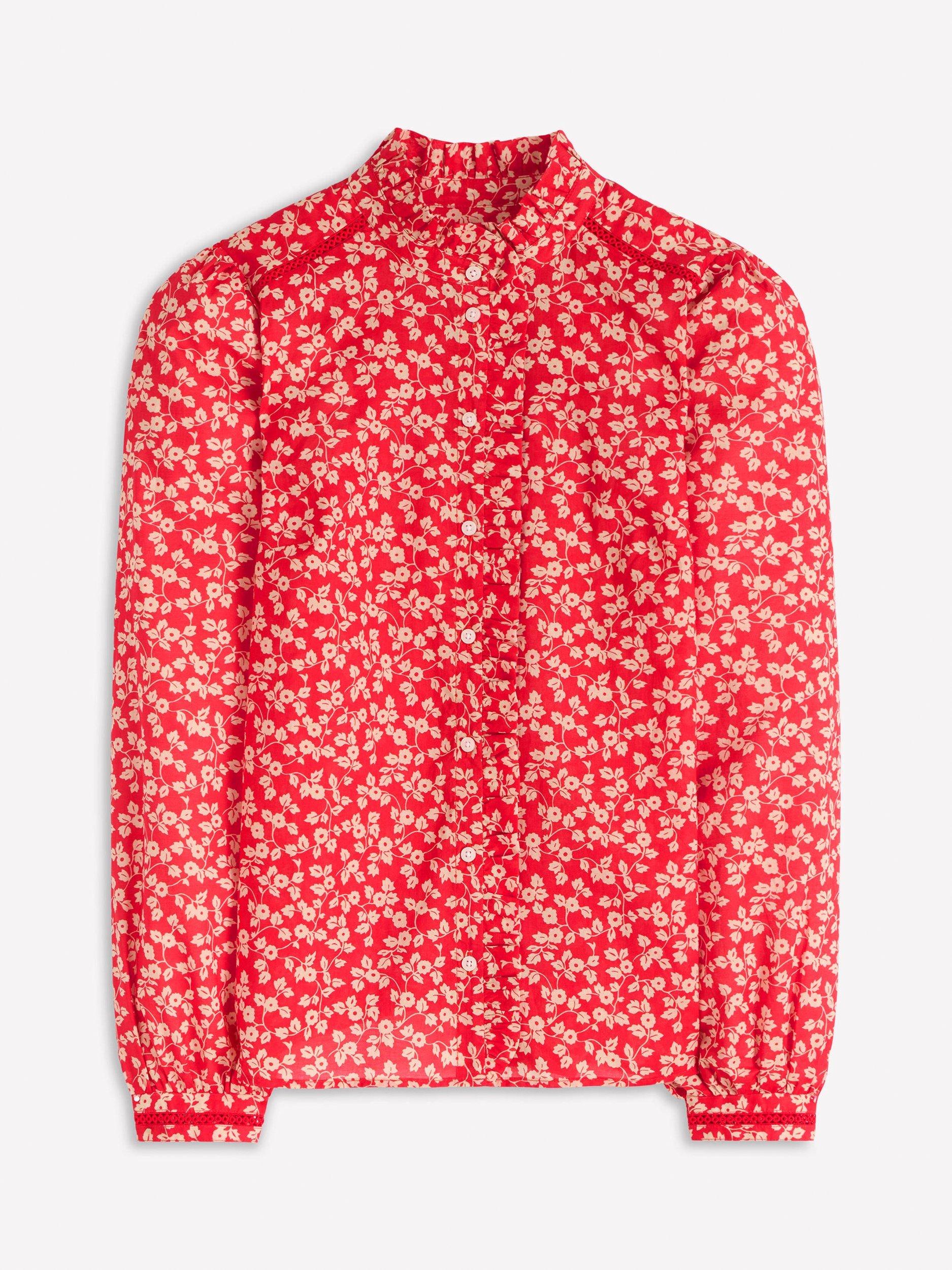Product image 5 of 5, which shows Boden Helena Floral Ruffle Neck Top, Red/White, 10