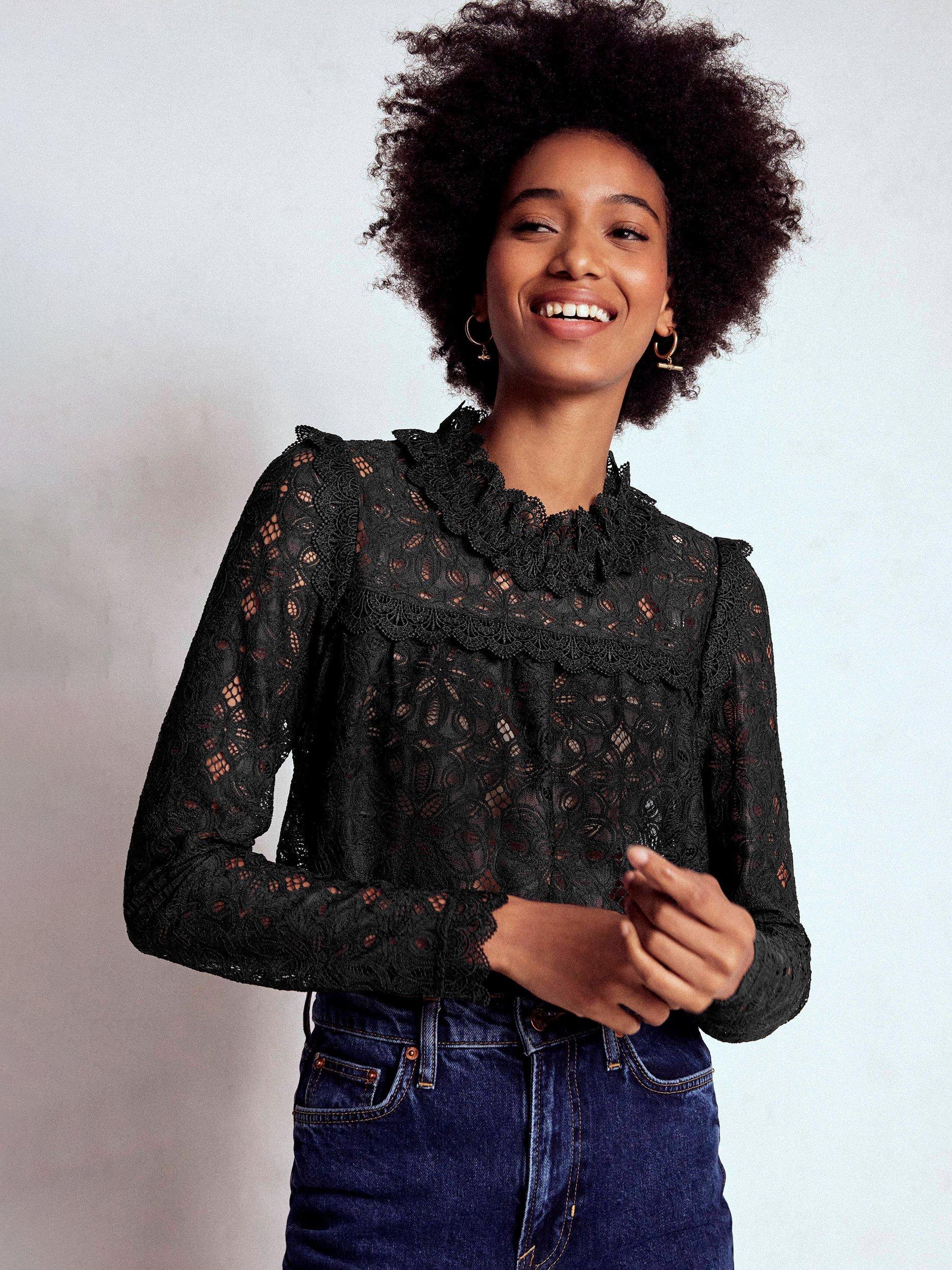Product image 1 of 5, which shows Boden Lace Trim Detail Top, Black, 8
