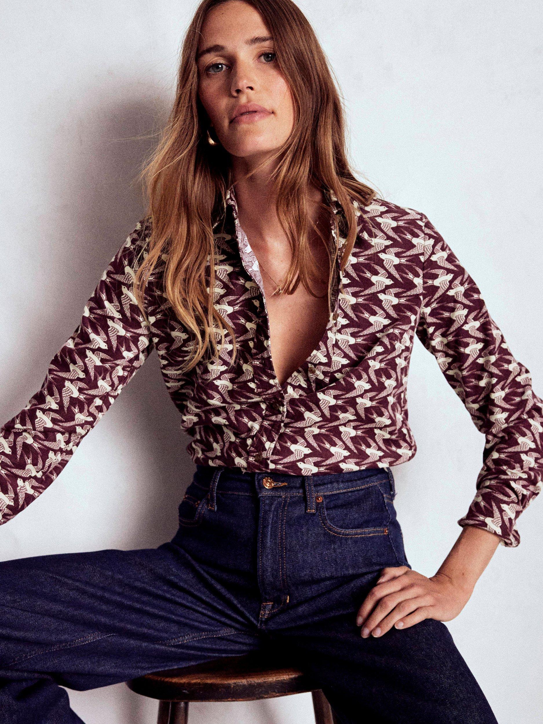 Product image 1 of 5, which shows Boden Sienna Bird Print Shirt, Purple/Multi, 8