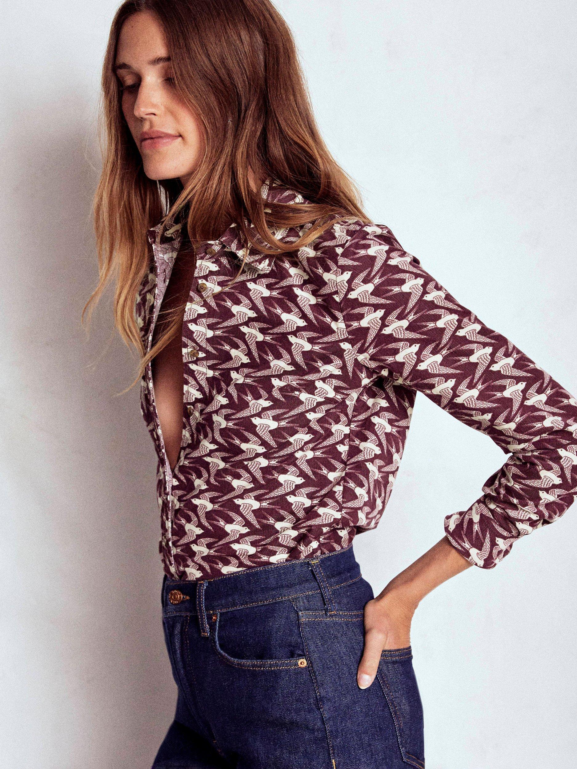 Product image 4 of 5, which shows Boden Sienna Bird Print Shirt, Purple/Multi, 8
