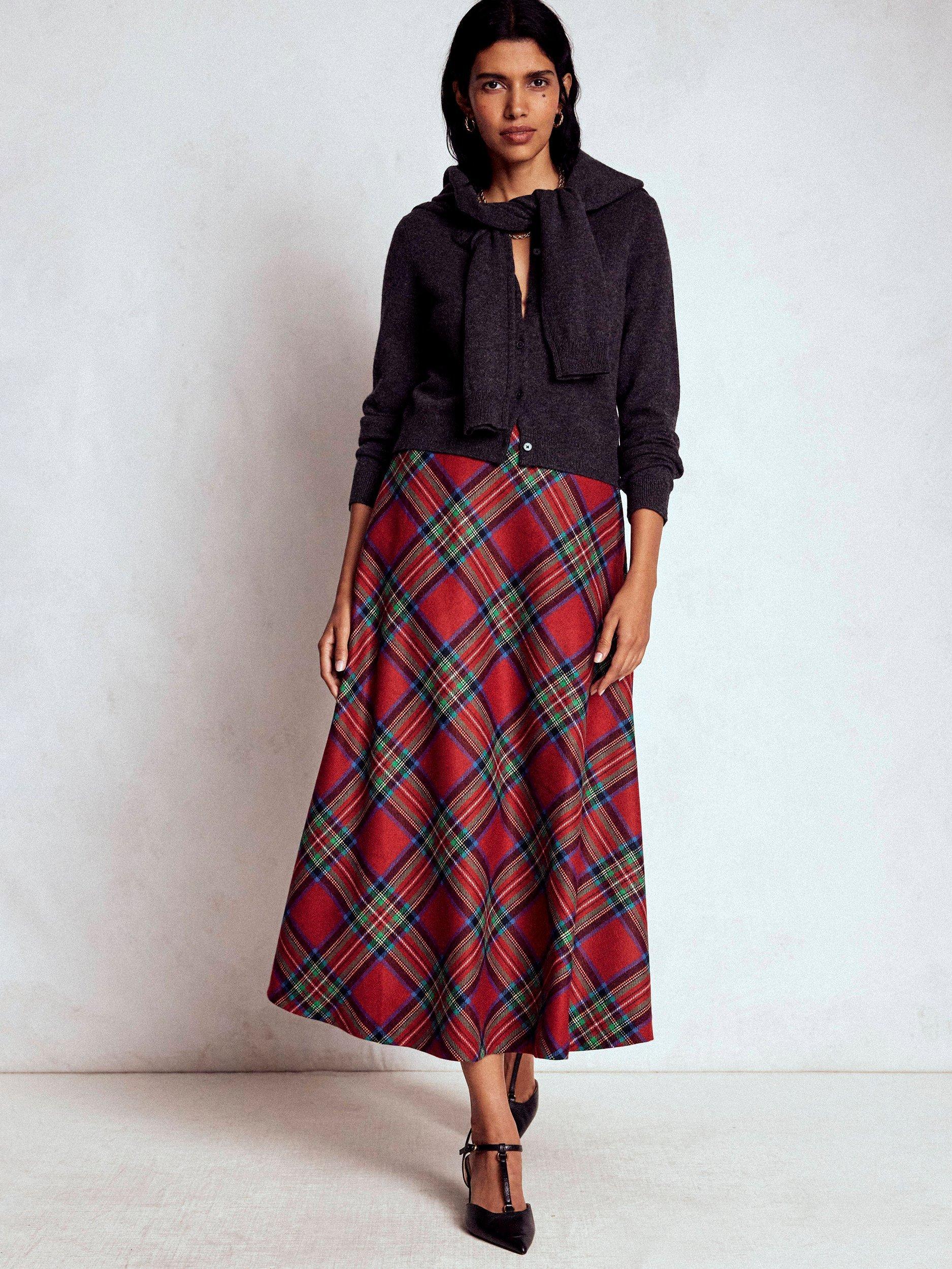 Boden Hayley Tartan Wool Rich Midi Skirt, Red/Multi
