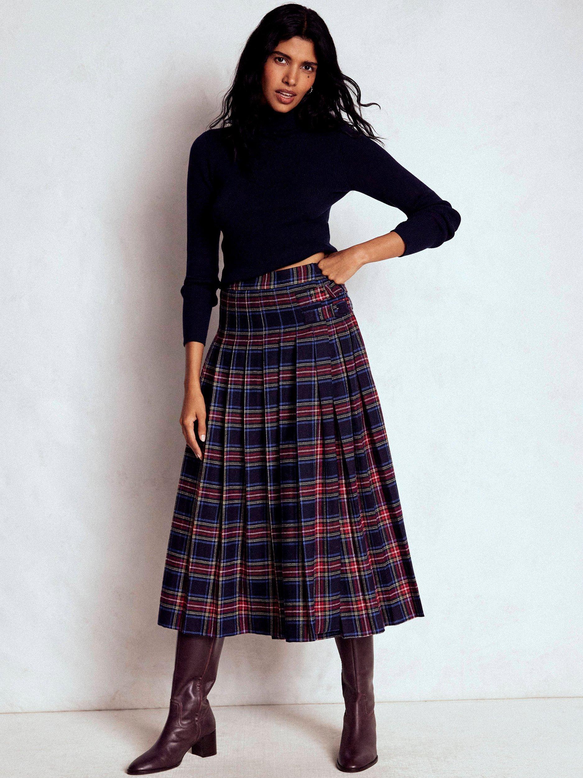 Boden Josephine Check Wool Rich Kilt Skirt, Navy/Multi
