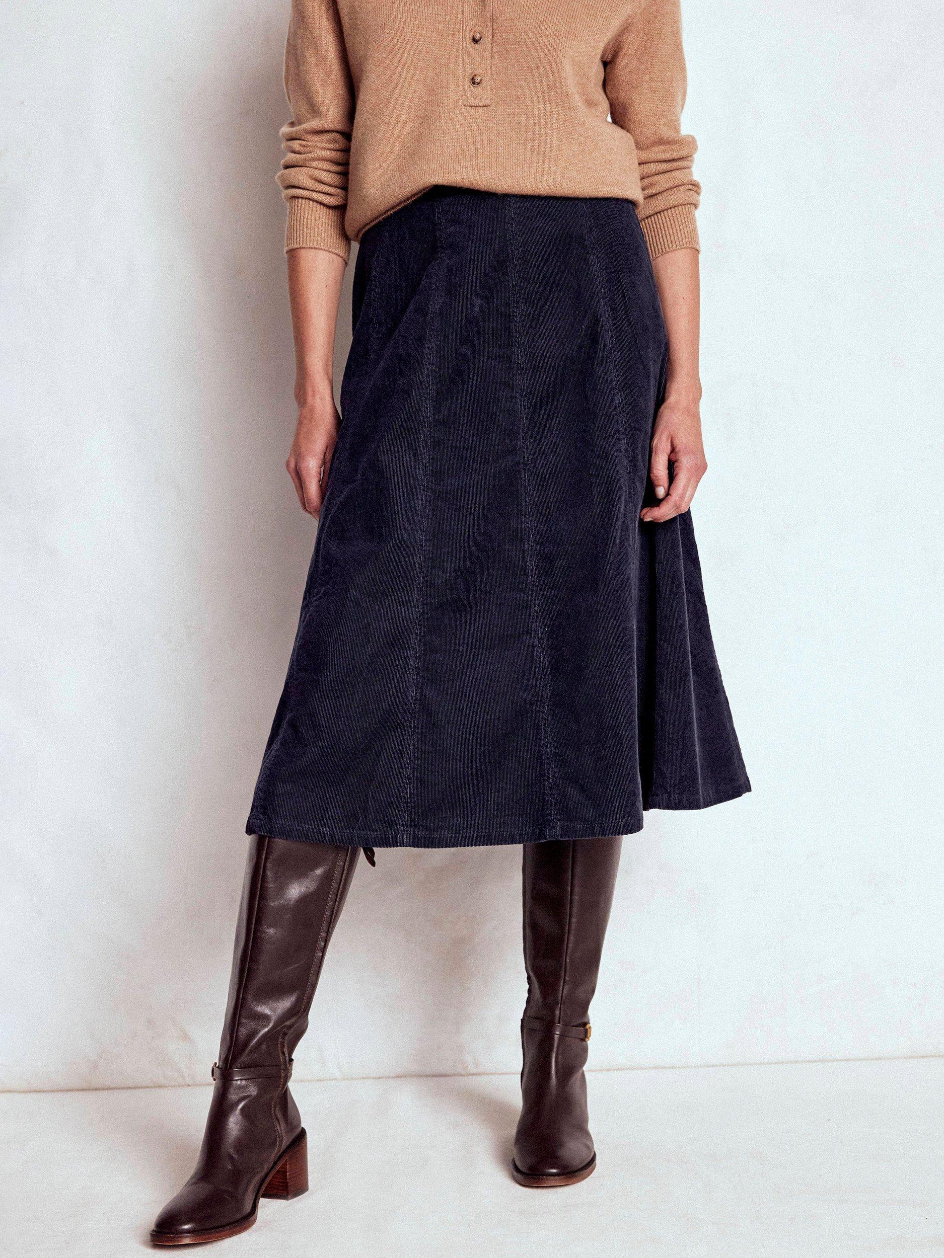 Product image 1 of 5, which shows Boden Joy Corduroy Midi Skirt, Navy, 8