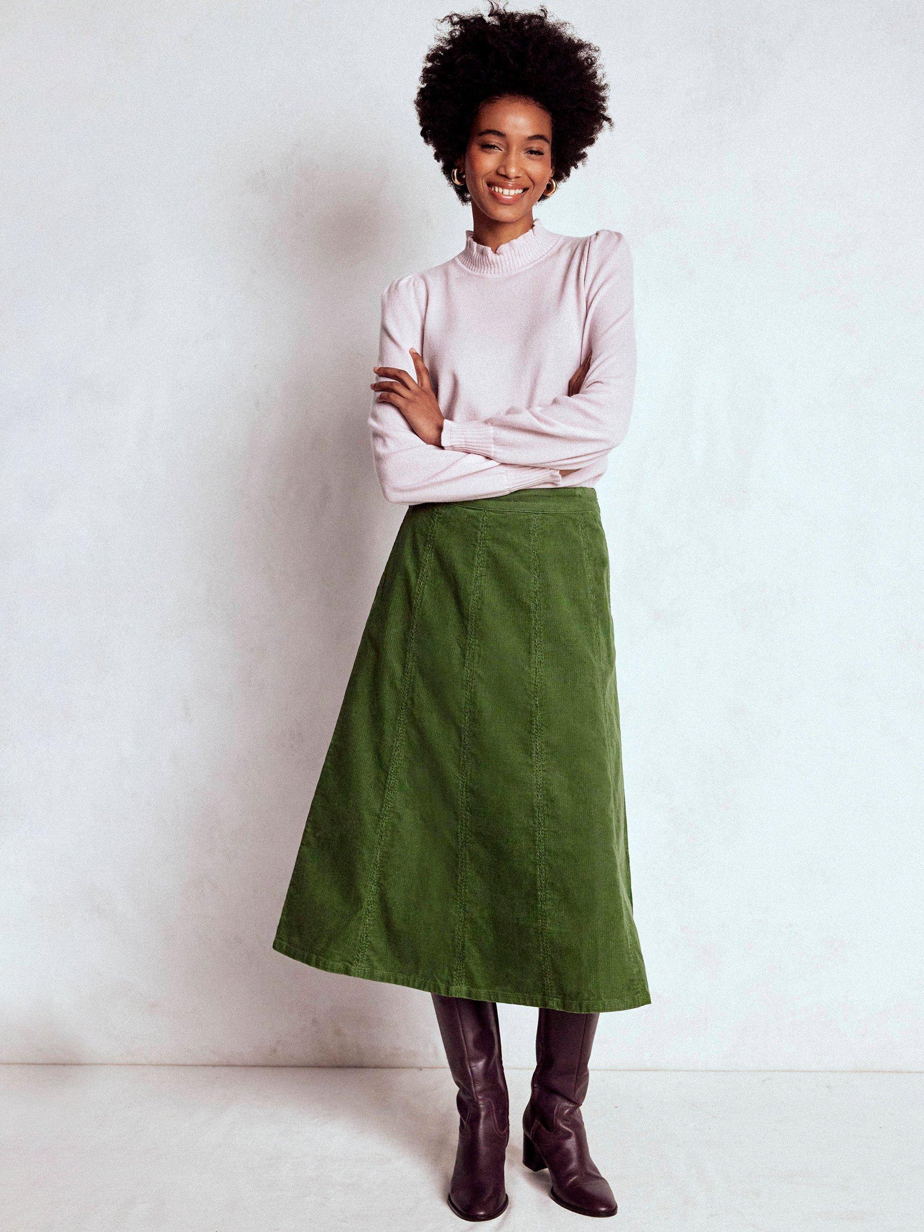 Product image 1 of 5, which shows Boden Joy Corduroy Midi Skirt, Fern, 8