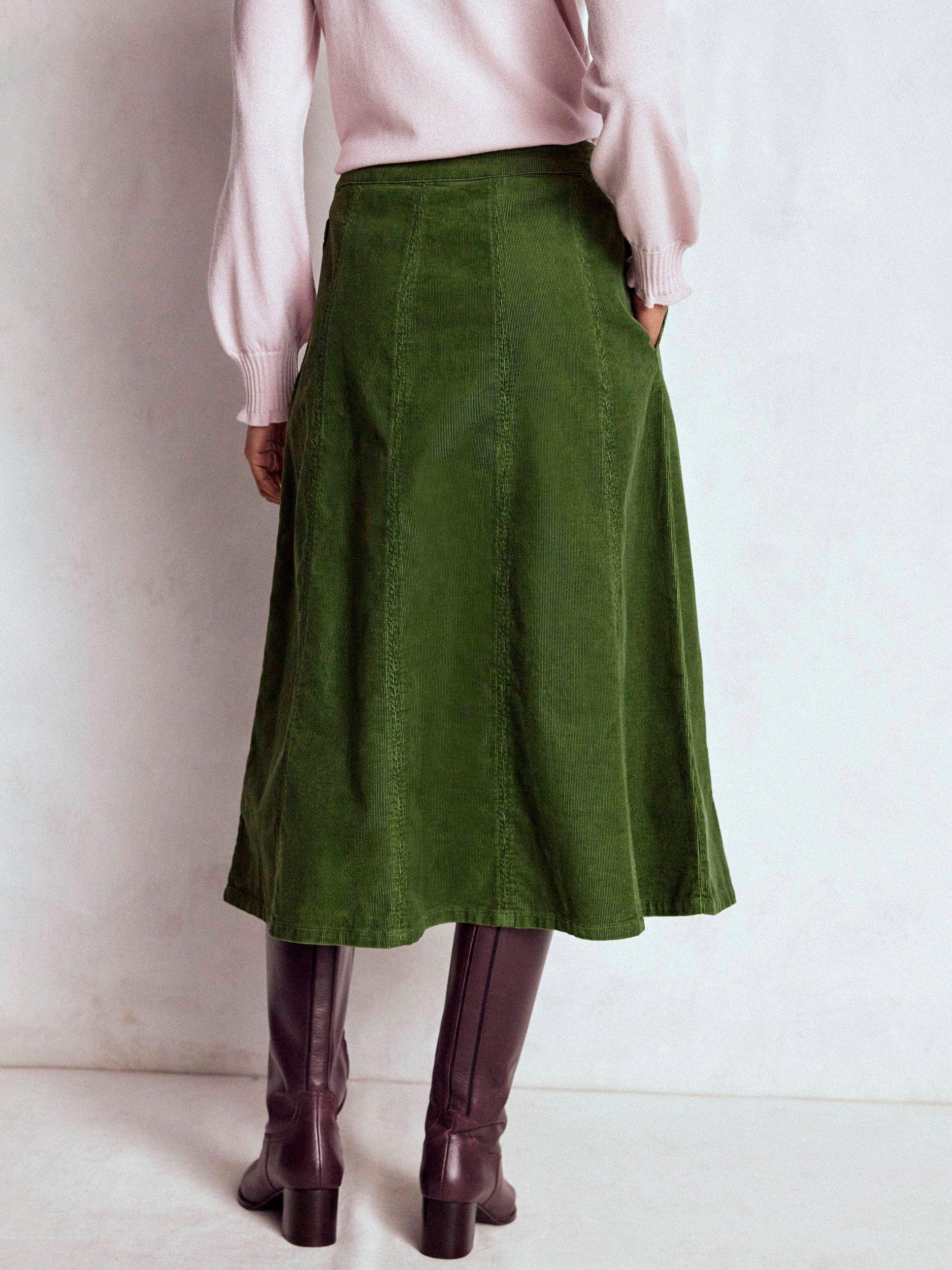 Product image 3 of 5, which shows Boden Joy Corduroy Midi Skirt, Fern, 8