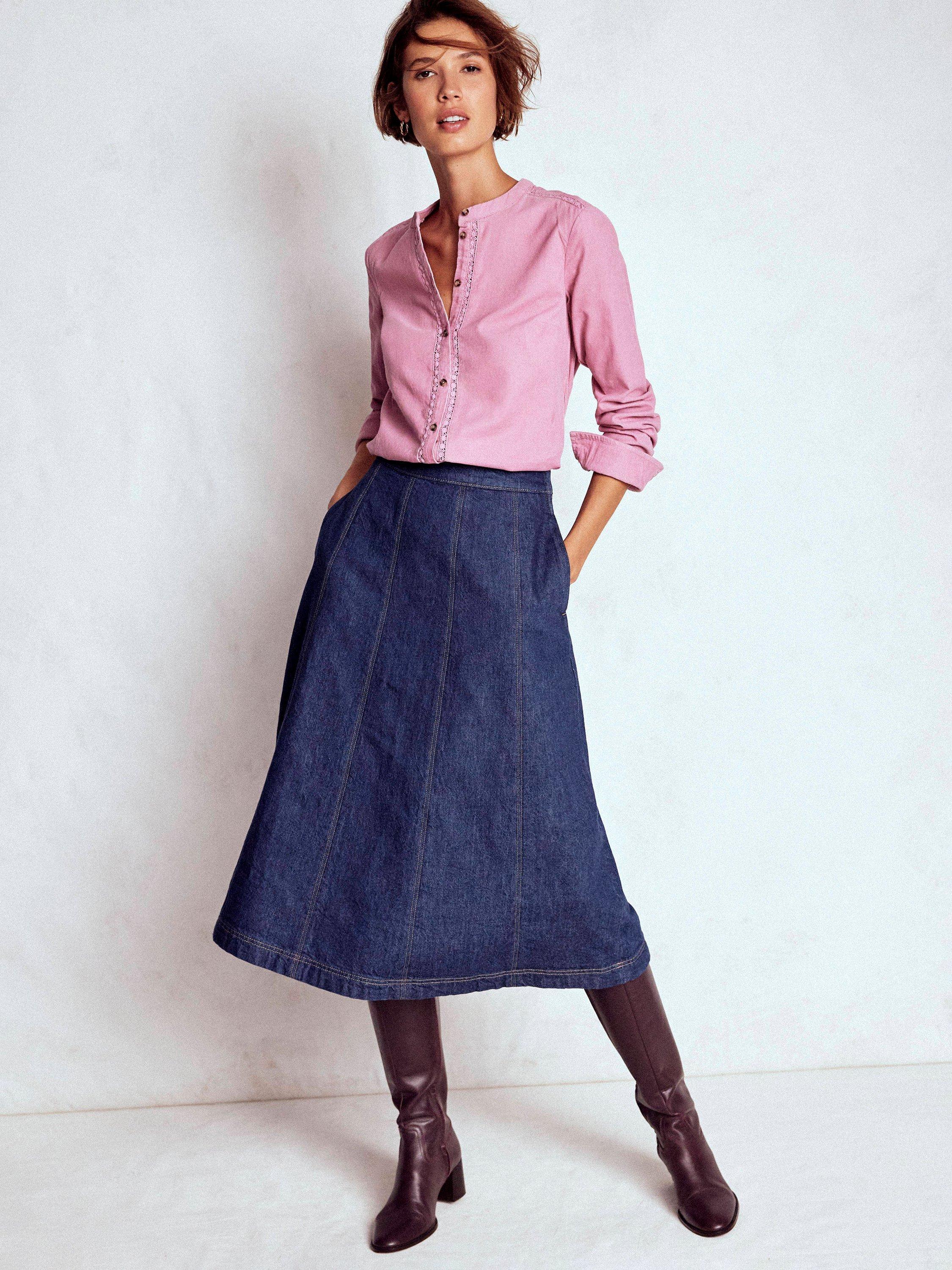 Product image 1 of 5, which shows Boden Joy Panelled Denim Midi Skirt, Indigo, 8