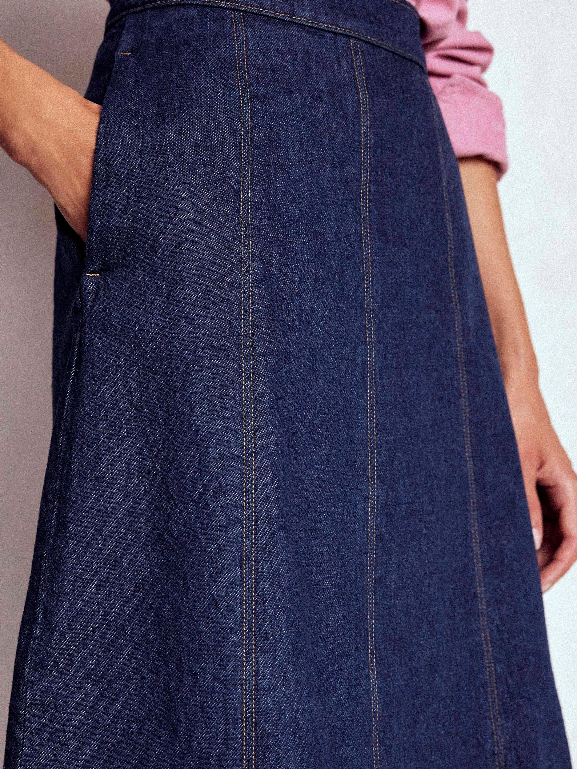 Product image 2 of 5, which shows Boden Joy Panelled Denim Midi Skirt, Indigo, 8