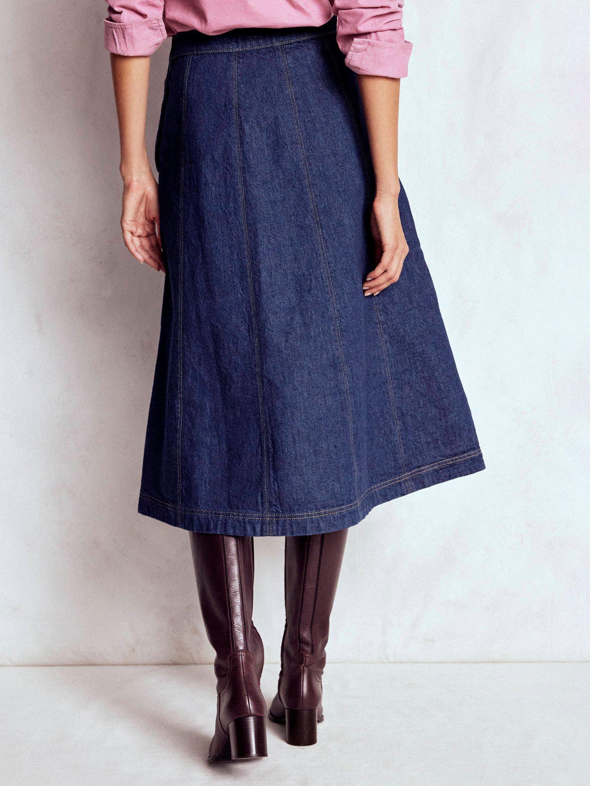 Product image 3 of 5, which shows Boden Joy Panelled Denim Midi Skirt, Indigo, 8