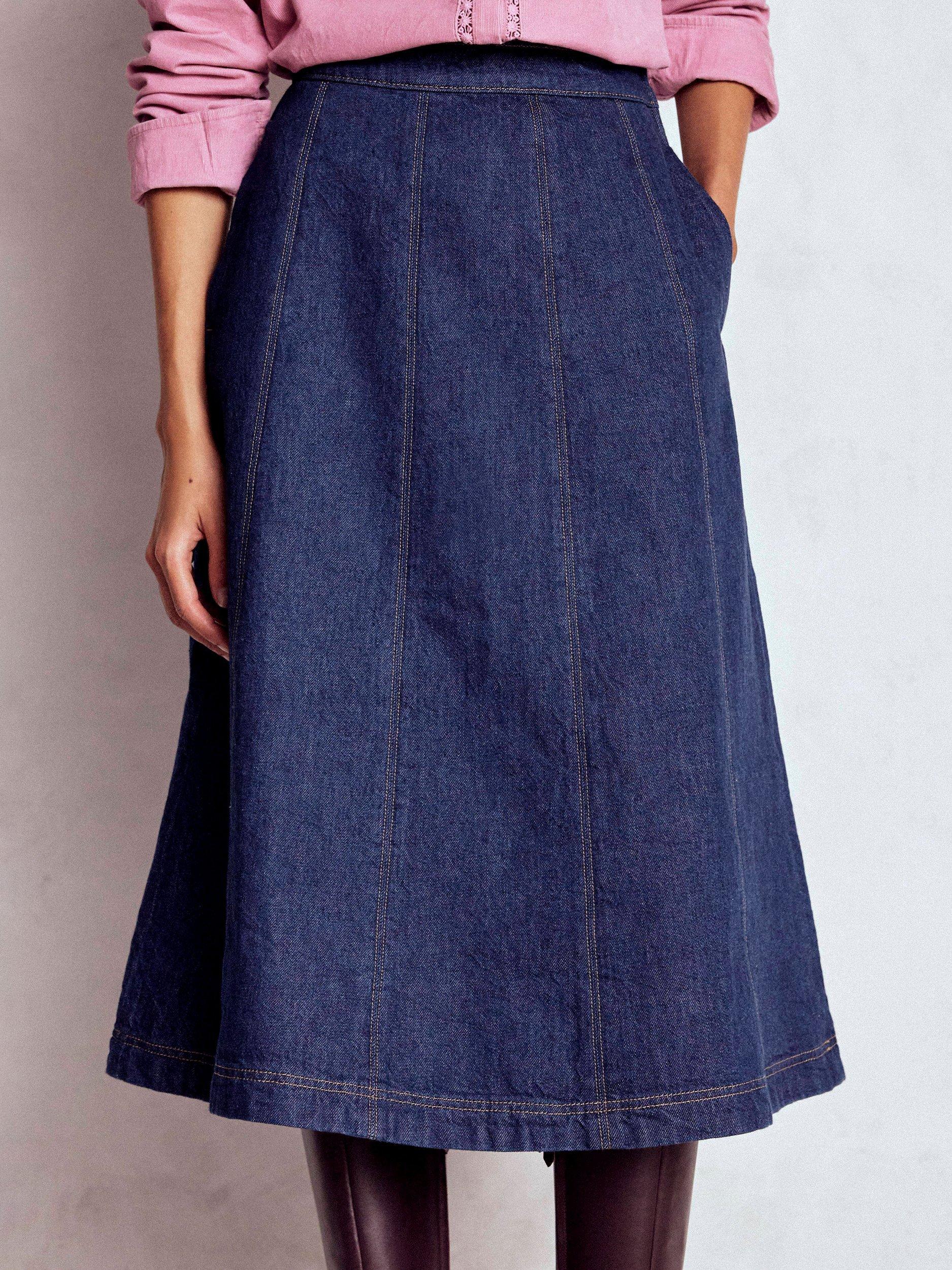Product image 4 of 5, which shows Boden Joy Panelled Denim Midi Skirt, Indigo, 8