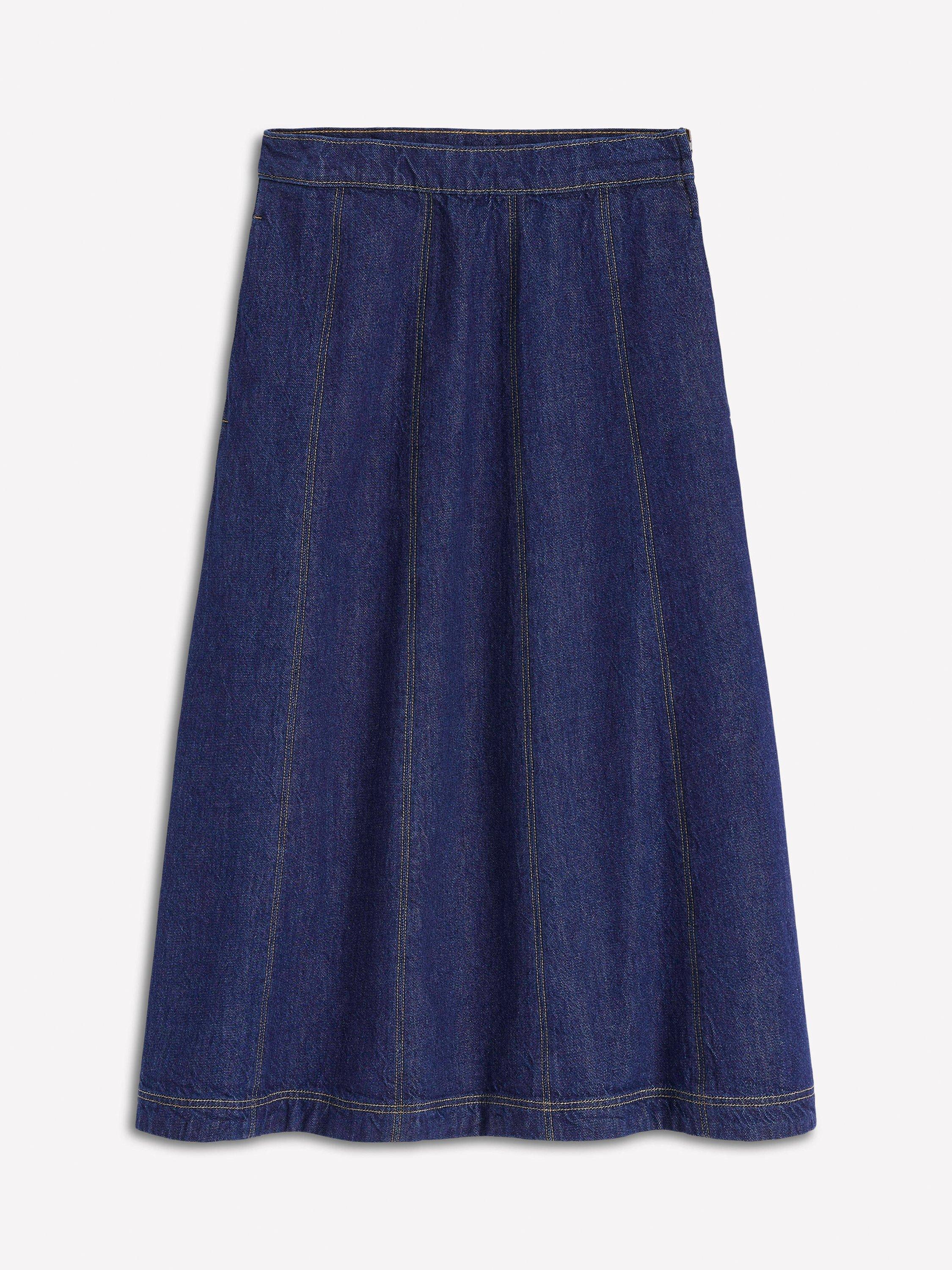 Product image 5 of 5, which shows Boden Joy Panelled Denim Midi Skirt, Indigo, 8