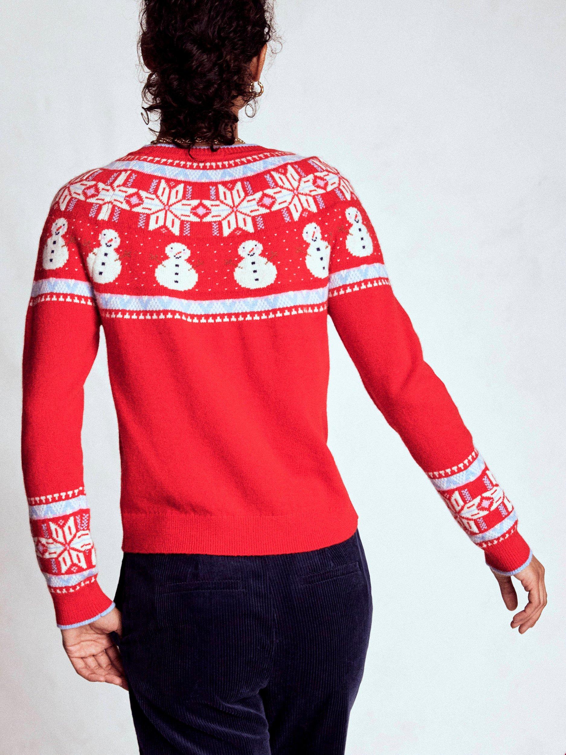 Product image 4 of 7, which shows Boden Edie Snowman Fair Isle Wool Blend Jumper, Red/Multi, M