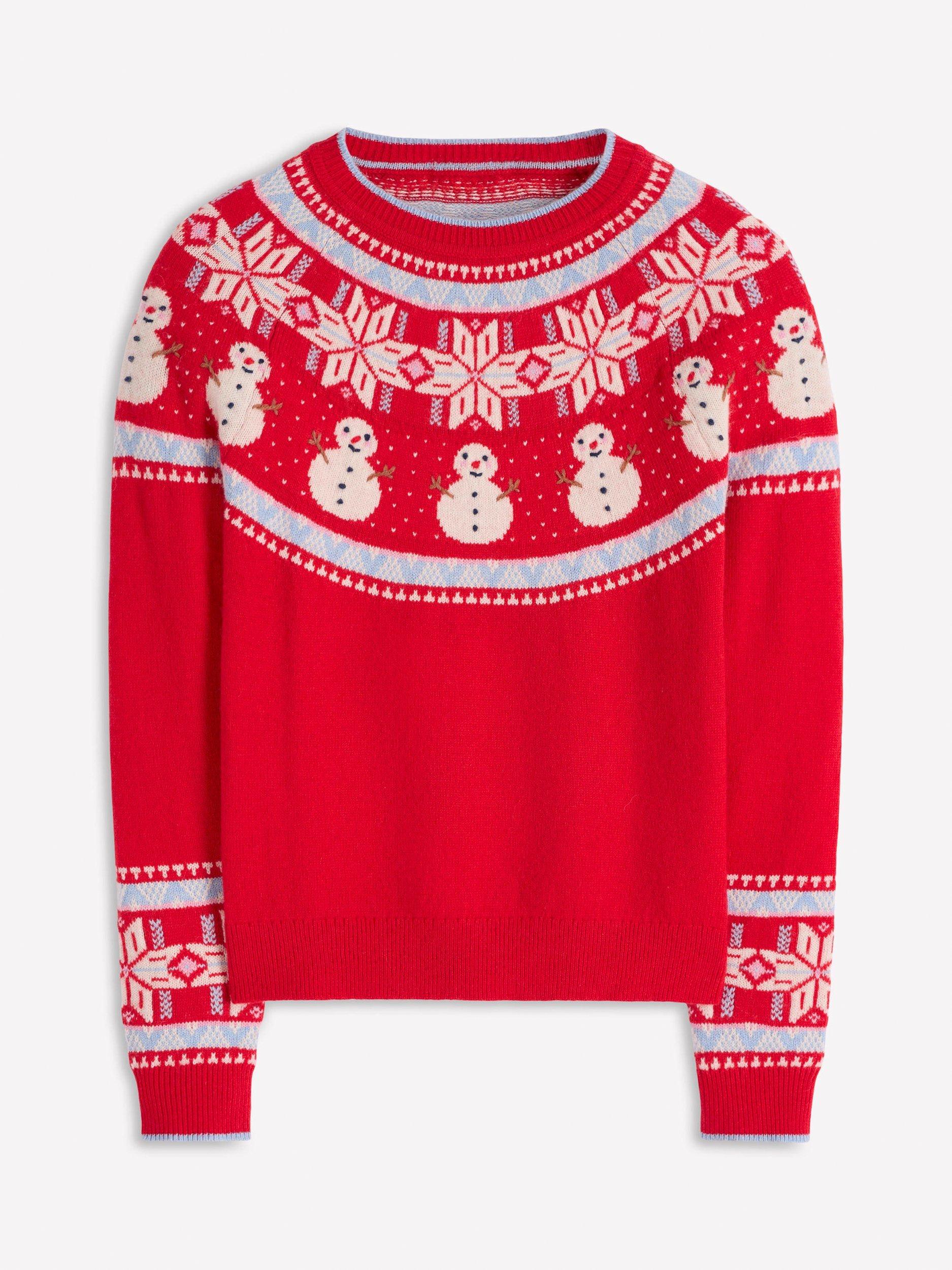 Product image 7 of 7, which shows Boden Edie Snowman Fair Isle Wool Blend Jumper, Red/Multi, M