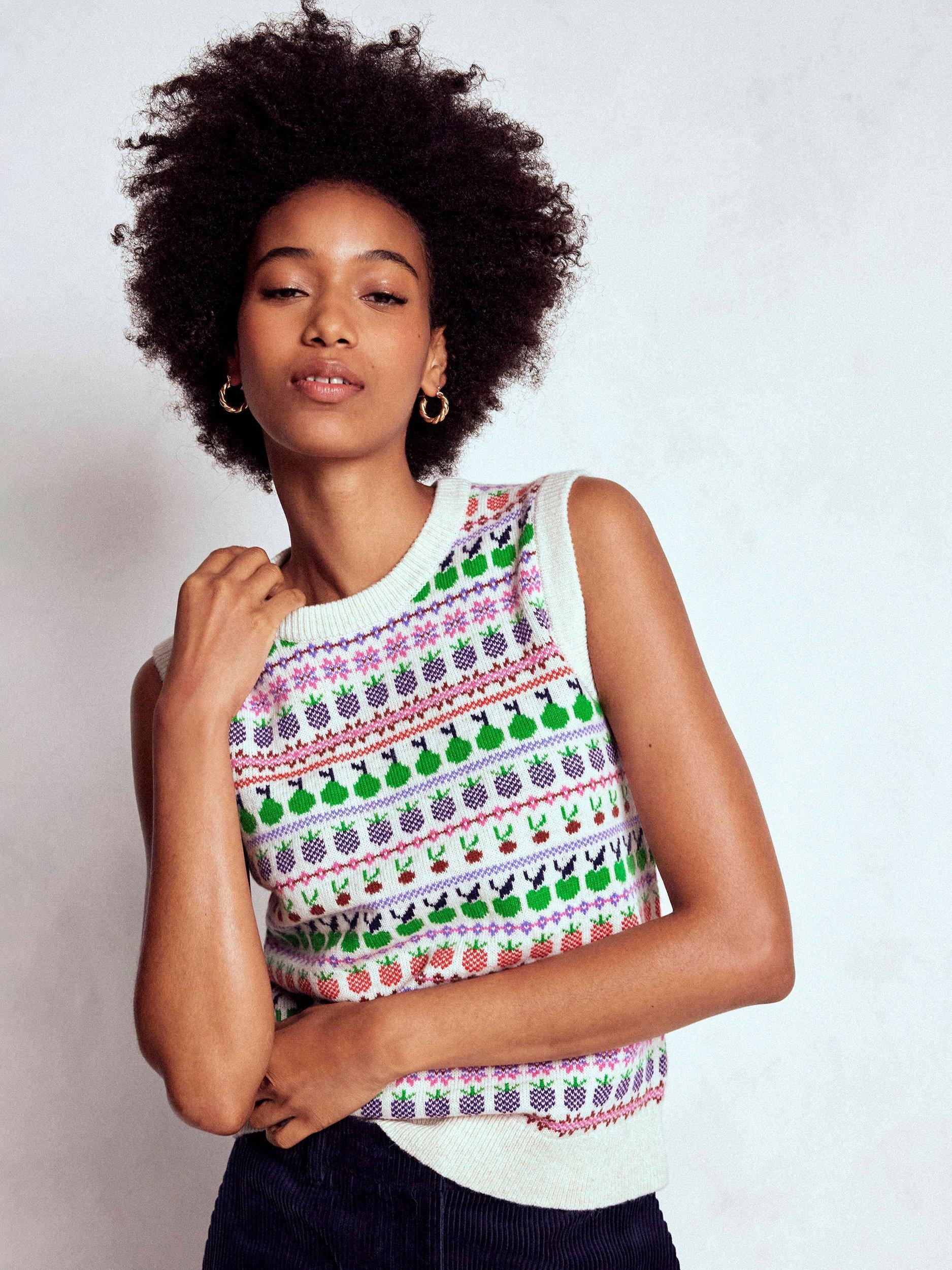 Product image 4 of 7, which shows Boden Edie Fair Isle Fruit Wool Blend Tank Top, Ecru, S