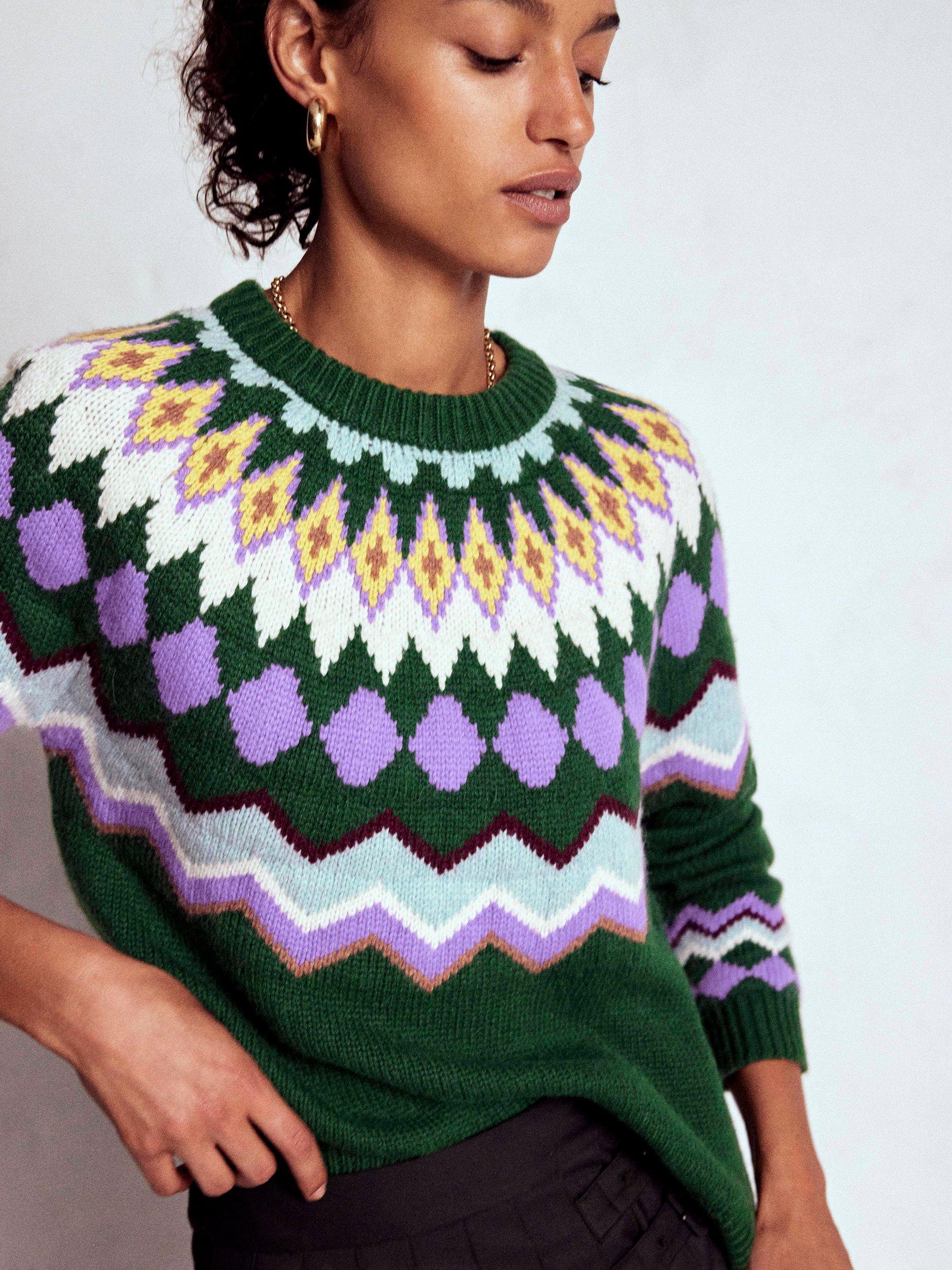 Product image 2 of 7, which shows Boden Eleanor Fair Isle Wool Blend Jumper, Courtyard Melange, XS