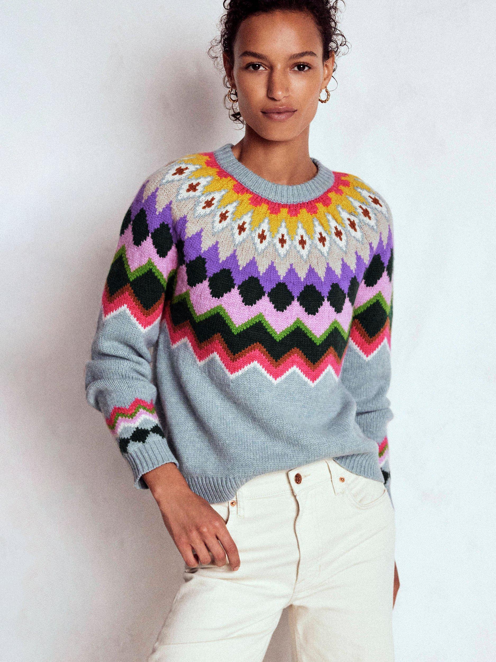 Product image 1 of 8, which shows Boden Eleanor Fair Isle Wool Blend Jumper, Blue Melange, S