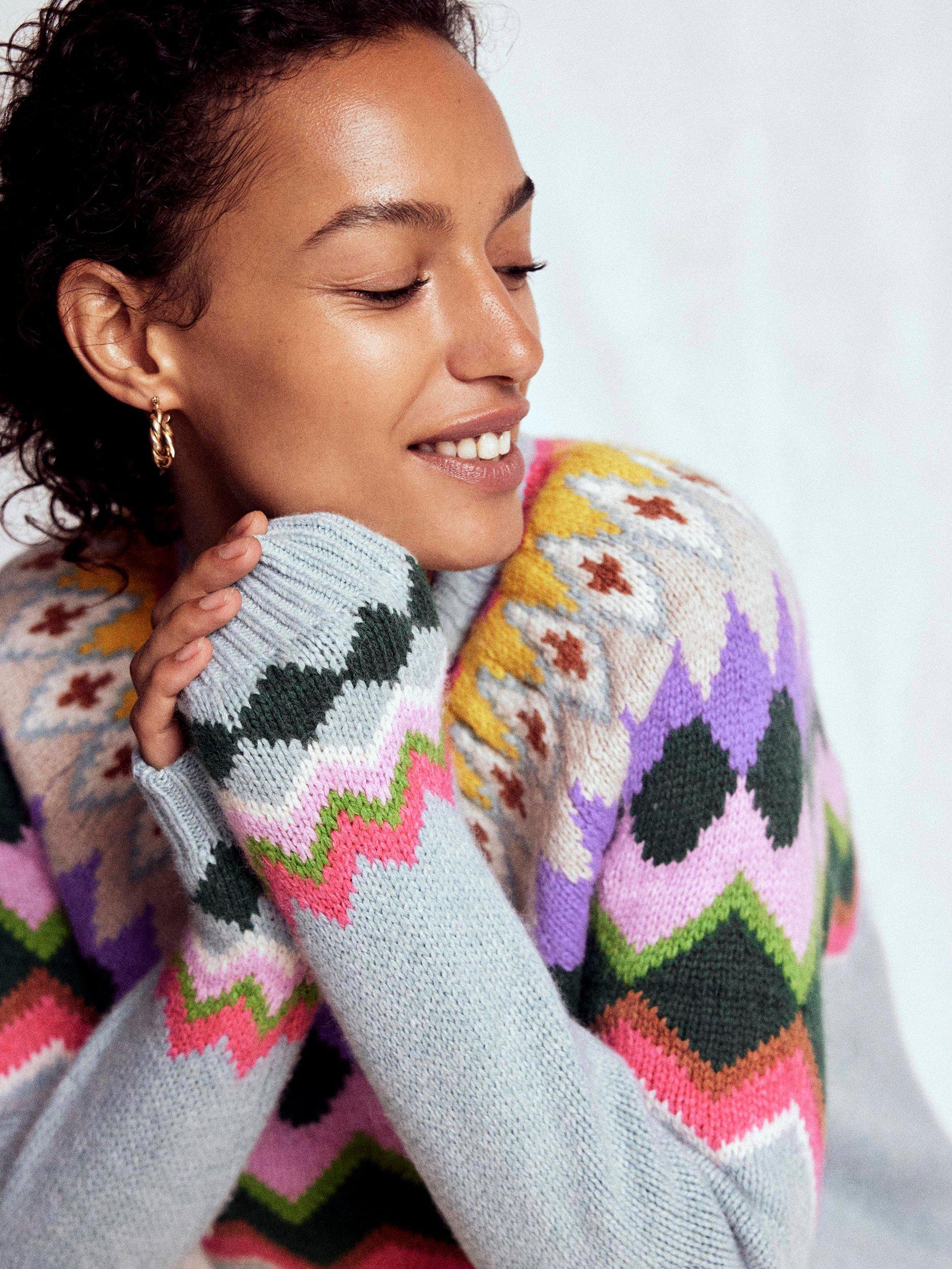 Product image 3 of 8, which shows Boden Eleanor Fair Isle Wool Blend Jumper, Blue Melange, S