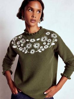 Boden Embroidered Frill Wool Blend Jumper, Green Melange, Green Melange