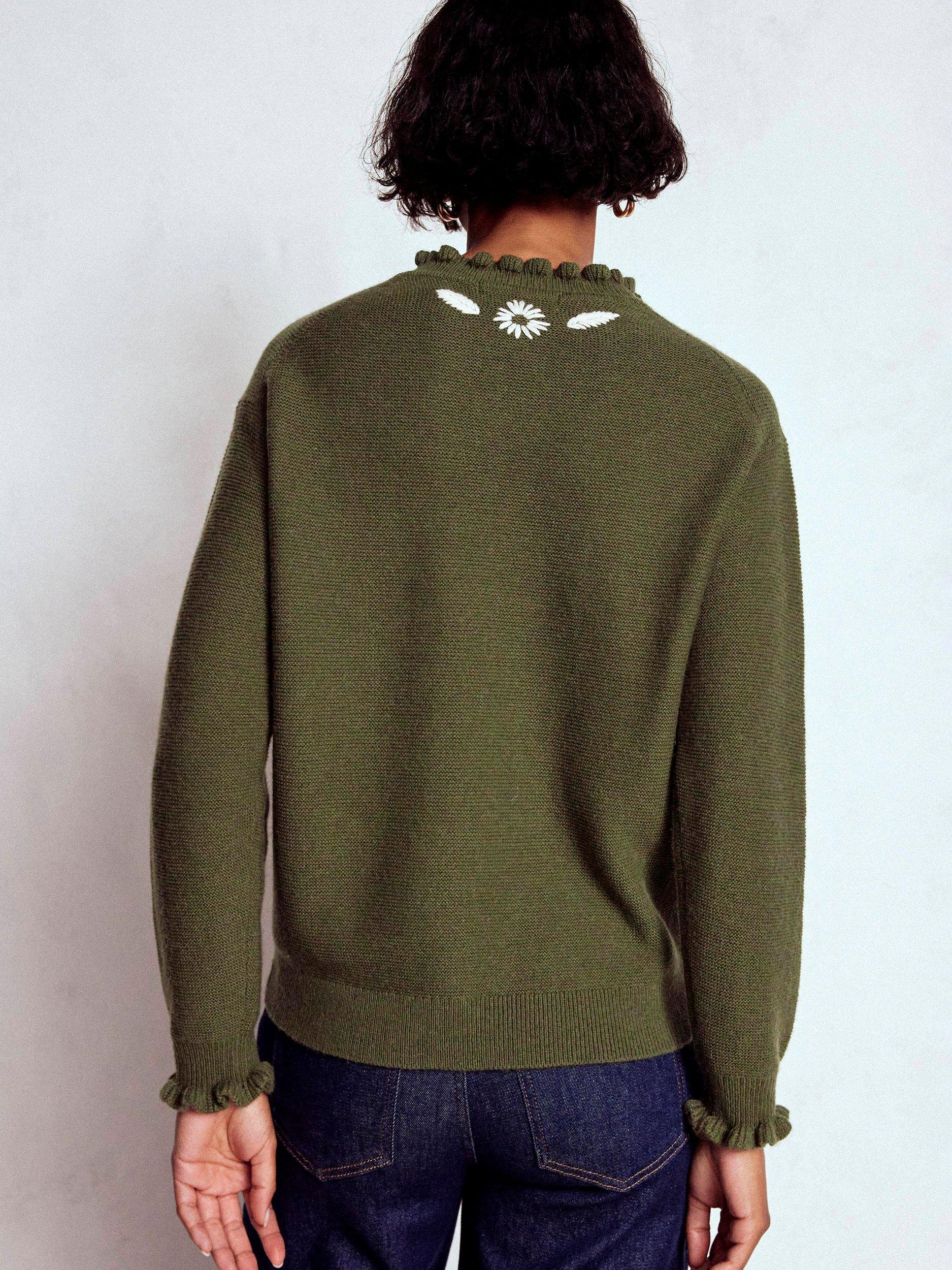 Product image 3 of 7, which shows Boden Embroidered Frill Wool Blend Jumper, Green Melange, XS