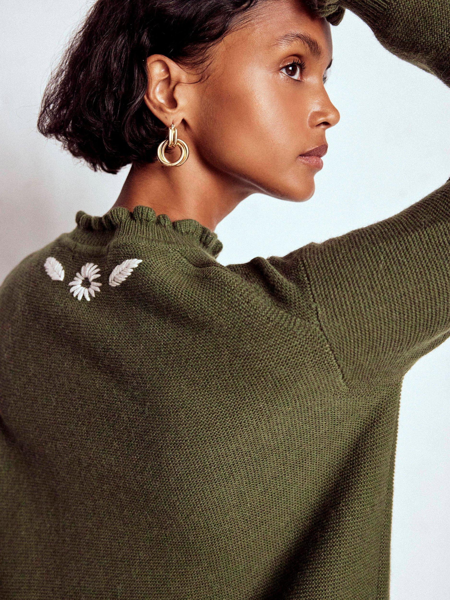 Product image 5 of 7, which shows Boden Embroidered Frill Wool Blend Jumper, Green Melange, XS