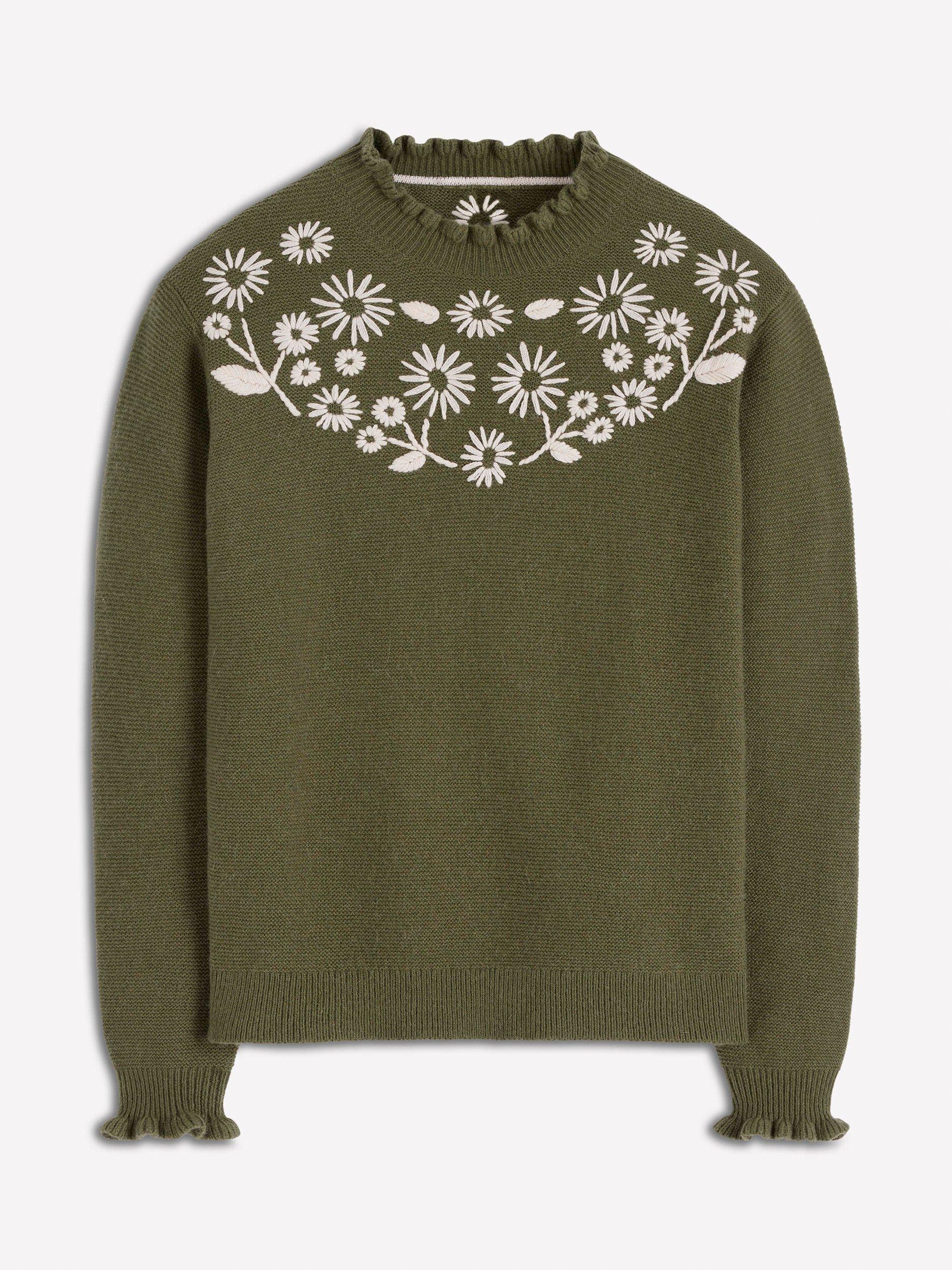 Product image 6 of 7, which shows Boden Embroidered Frill Wool Blend Jumper, Green Melange, XS