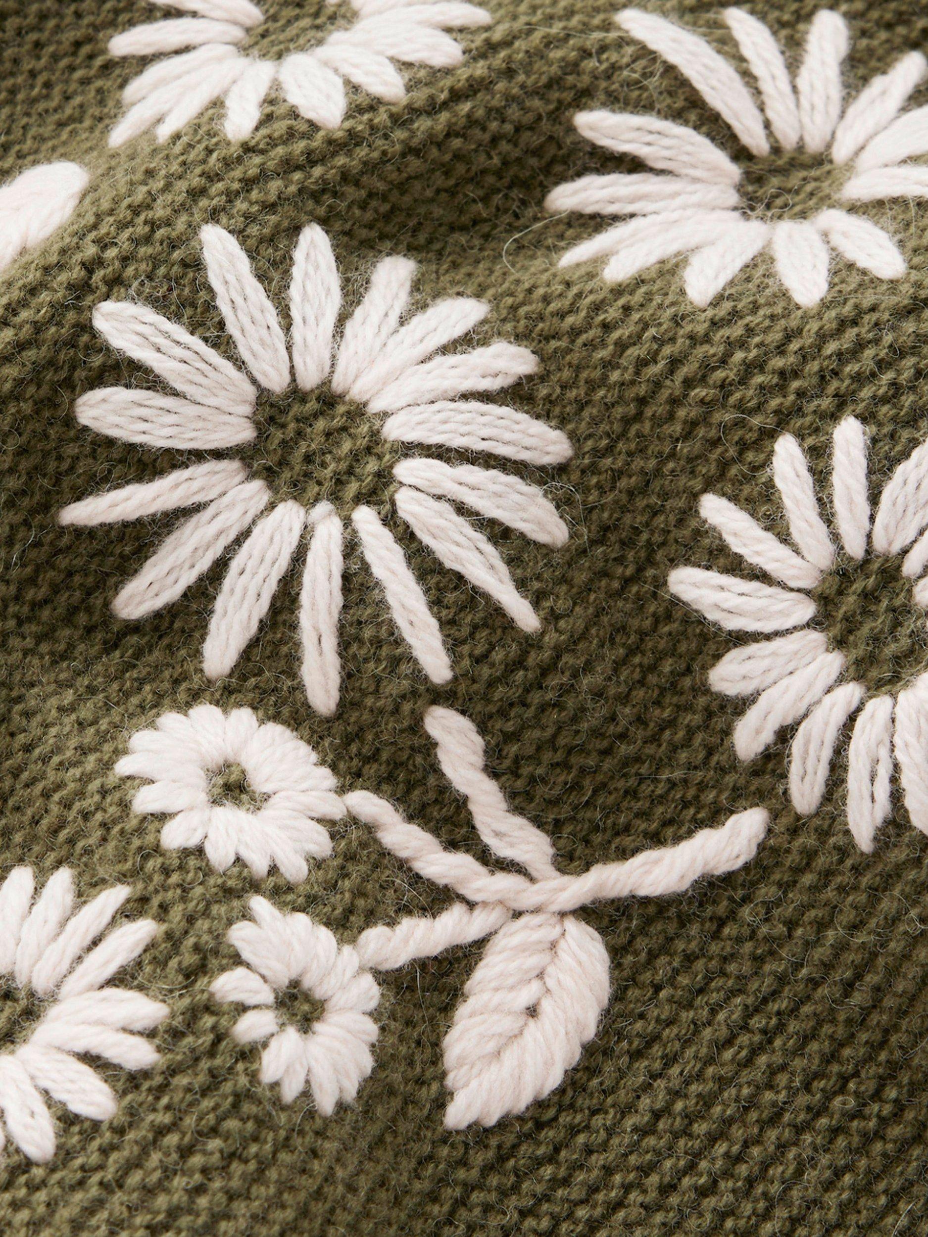 Product image 7 of 7, which shows Boden Embroidered Frill Wool Blend Jumper, Green Melange, XS