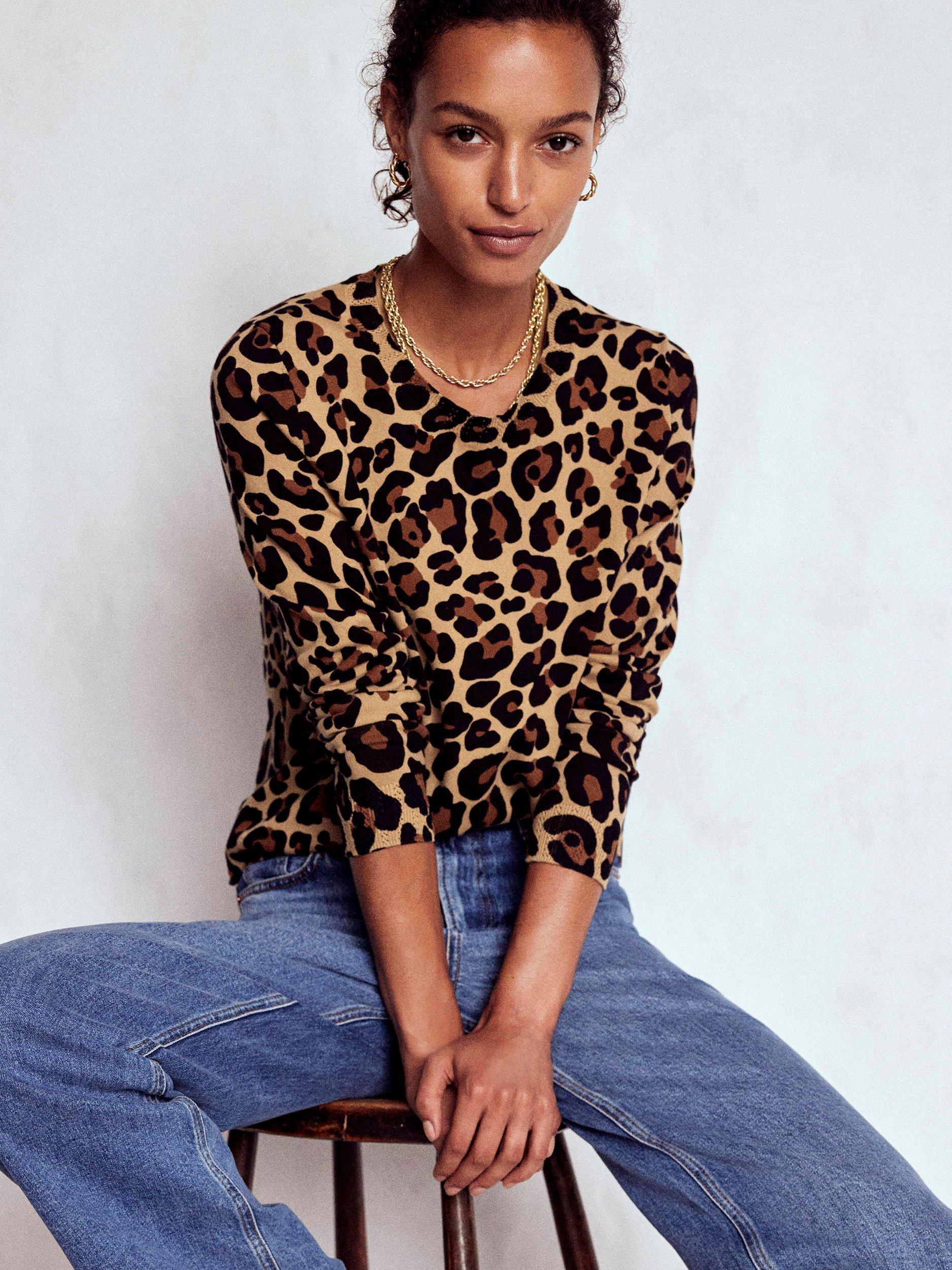 Product image 1 of 6, which shows Boden Emilia Leopard Print Crew Neck Jumper, Multi, M