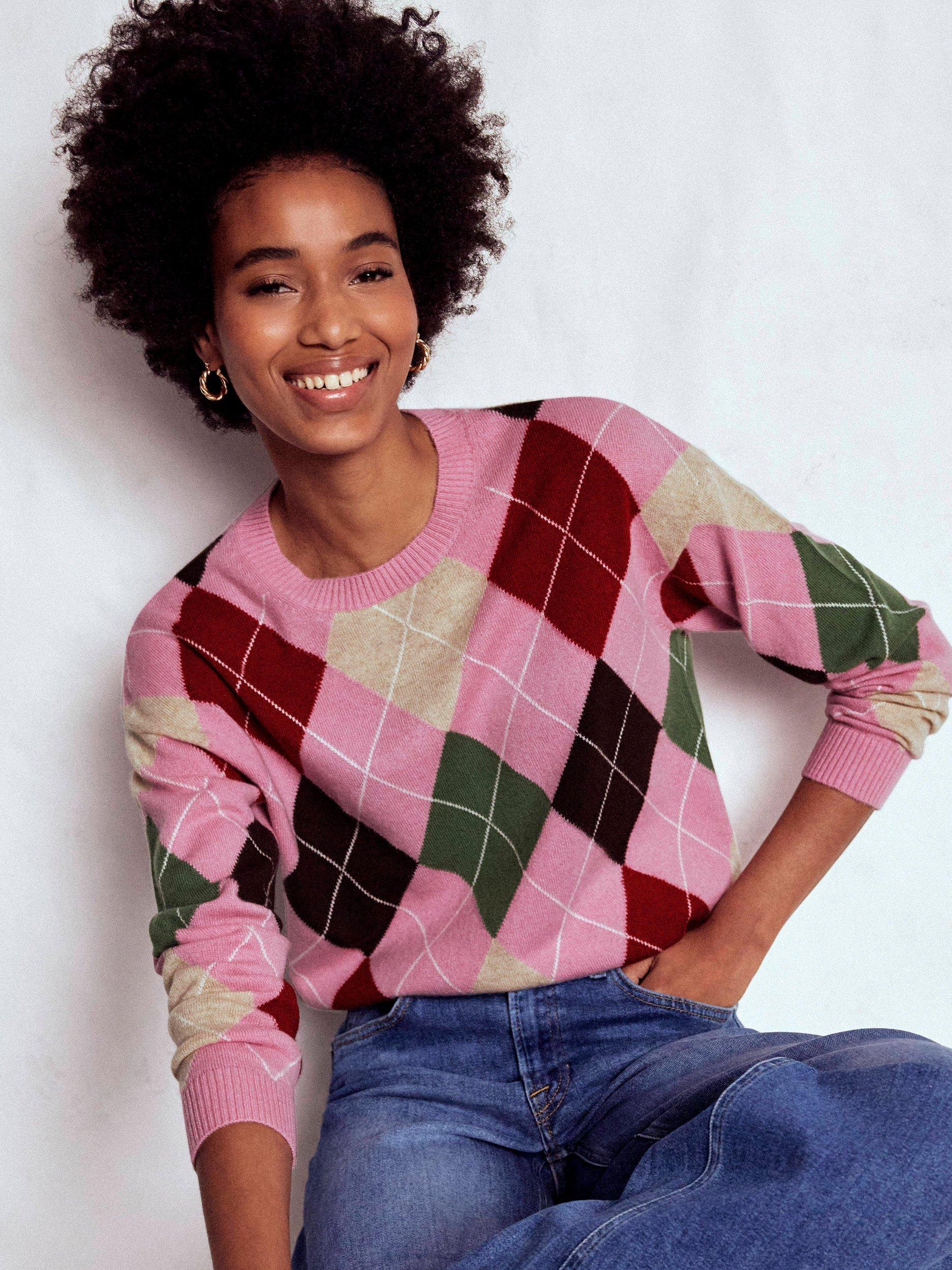 Boden Lydia Argyle Pure Cashmere Jumper, Pink/Multi