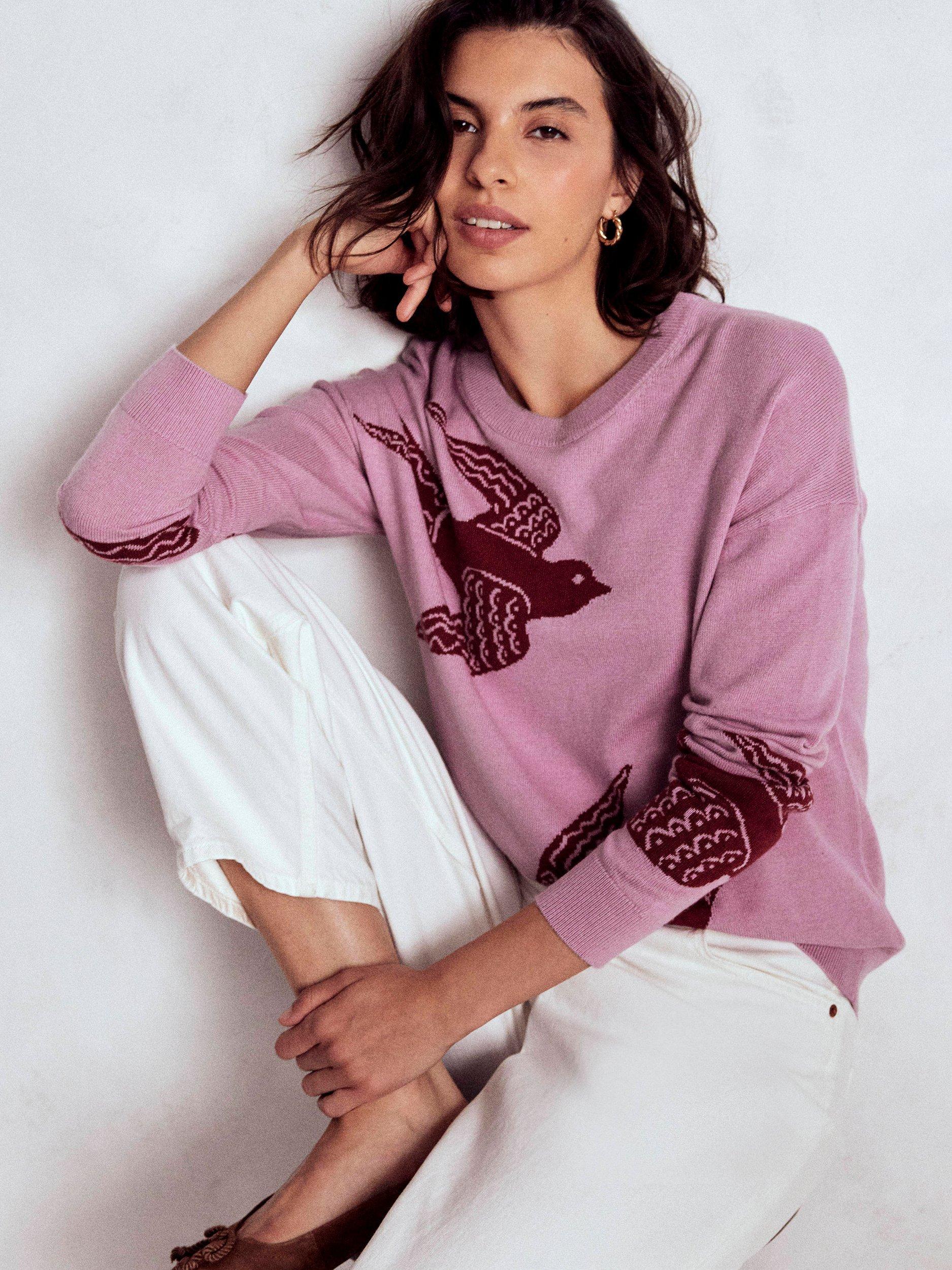 Product image 1 of 6, which shows Boden Natasha Birds Jumper, Pink/Multi, XL