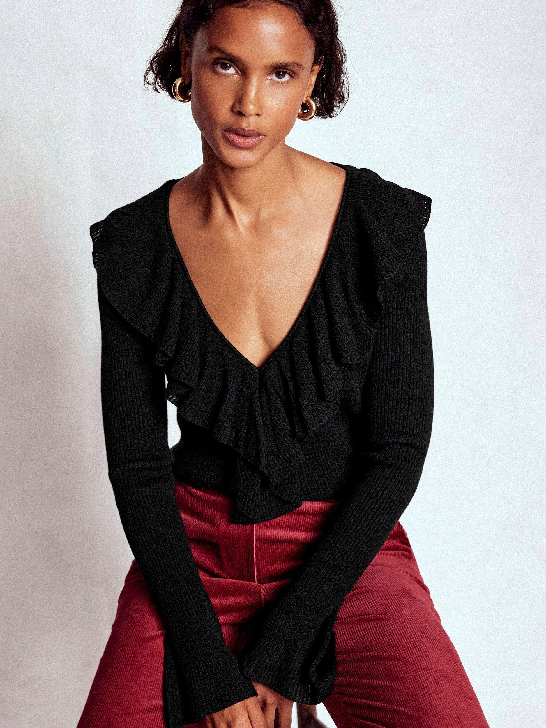 Product image 1 of 6, which shows Boden Ruffled Rib Henley Jumper, Black, XS