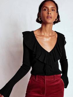 Boden Ruffled Rib Henley Jumper, Black - view 2, Black