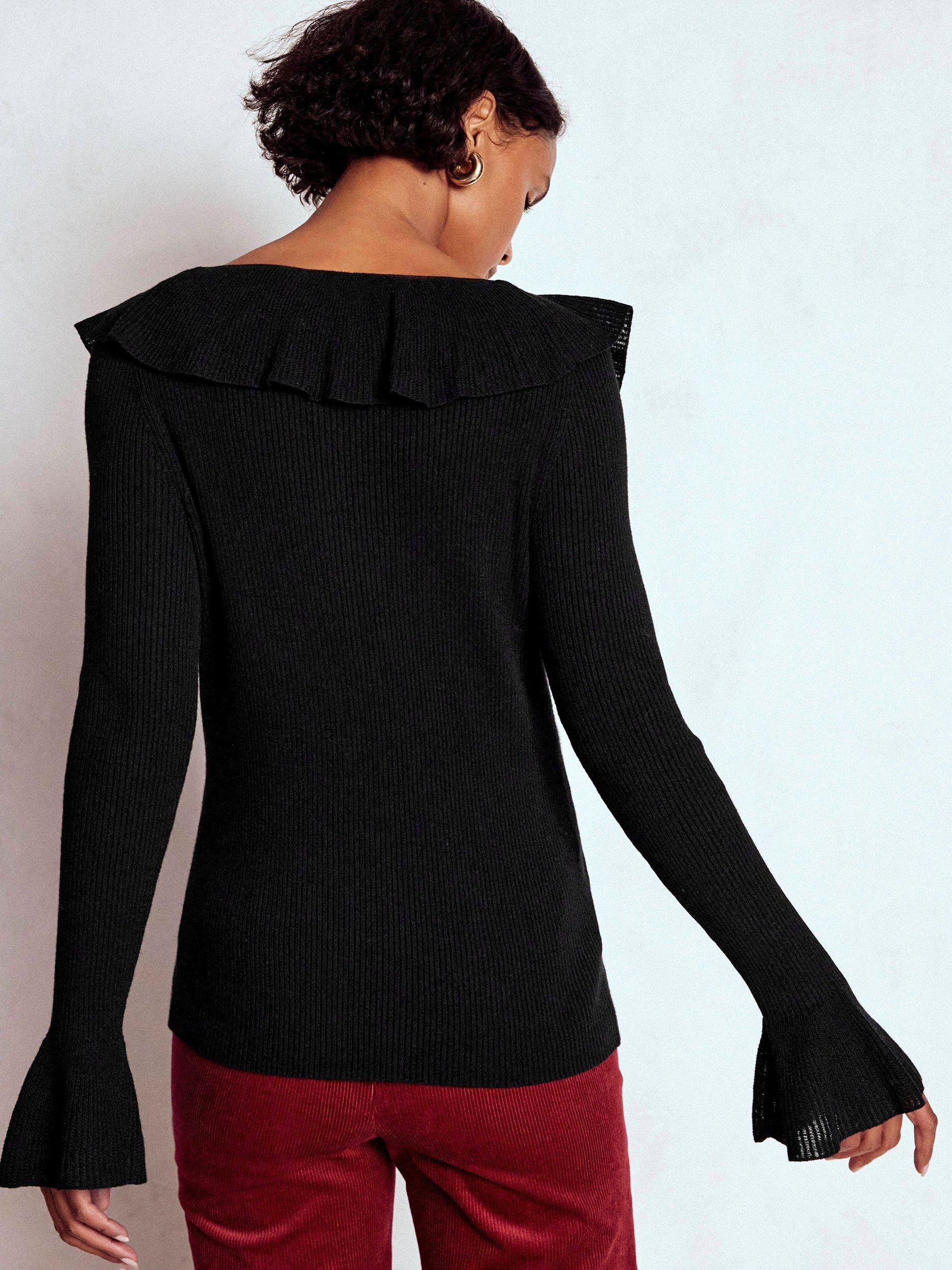 Product image 3 of 6, which shows Boden Ruffled Rib Henley Jumper, Black, XS