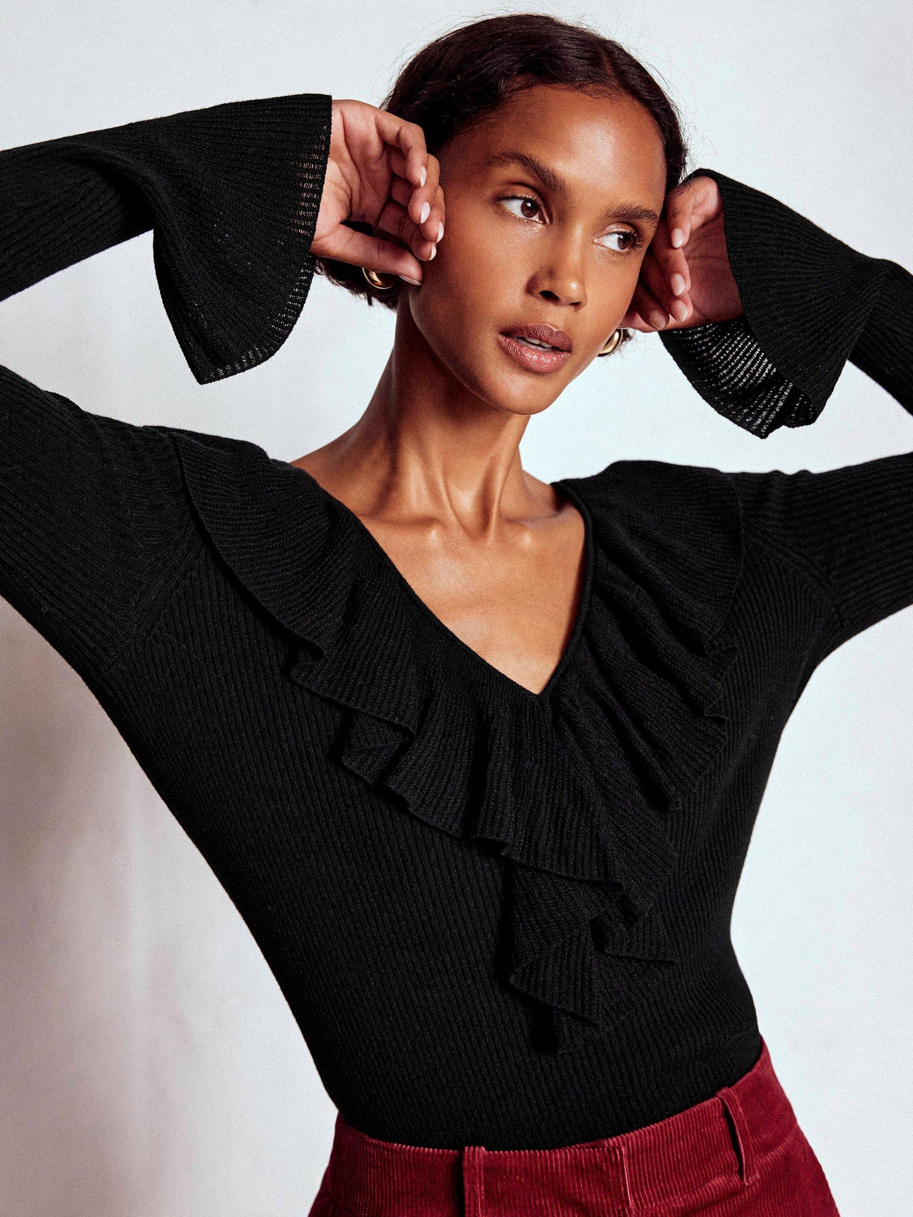 Product image 4 of 6, which shows Boden Ruffled Rib Henley Jumper, Black, XS