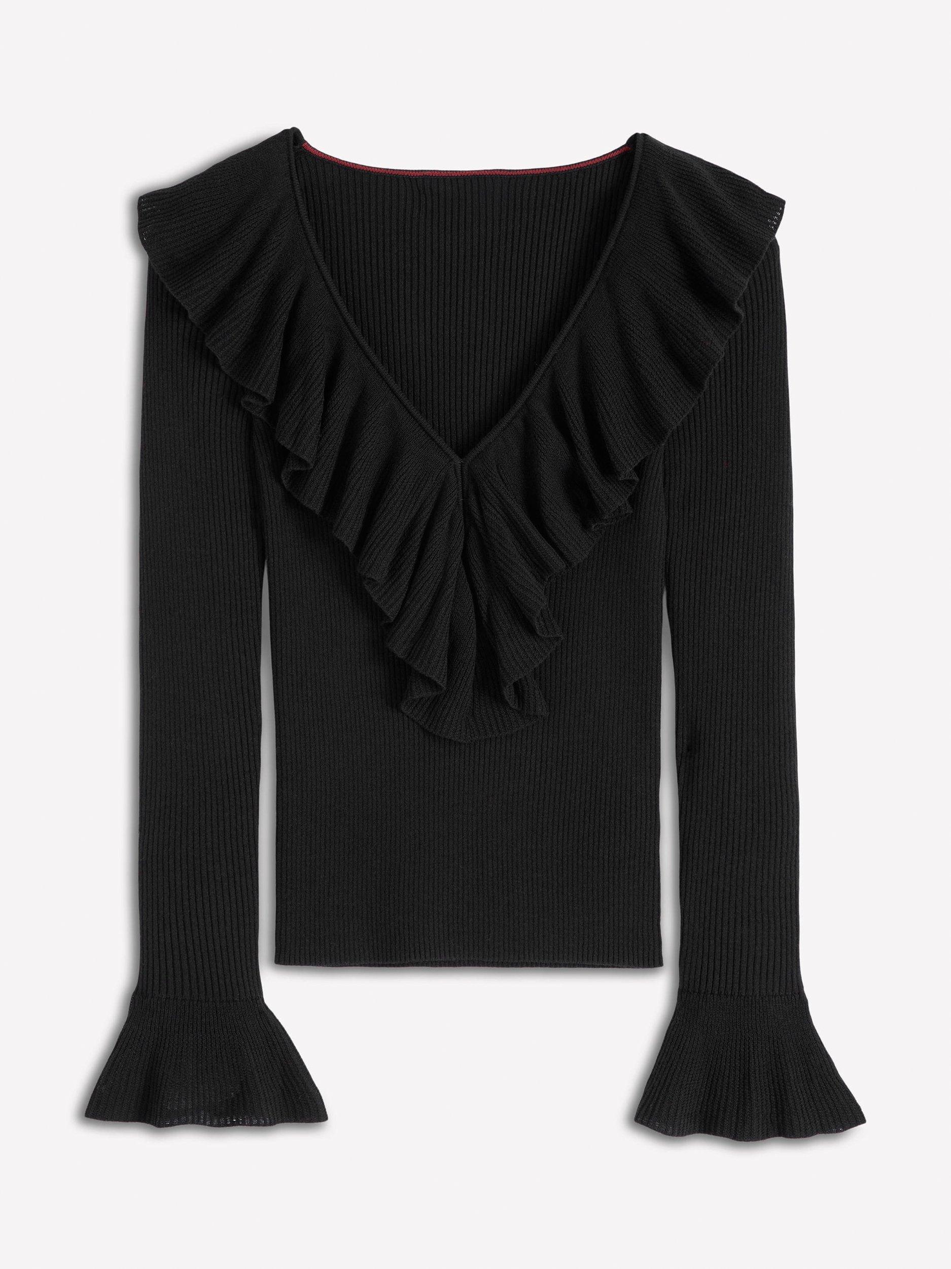 Product image 5 of 6, which shows Boden Ruffled Rib Henley Jumper, Black, XS